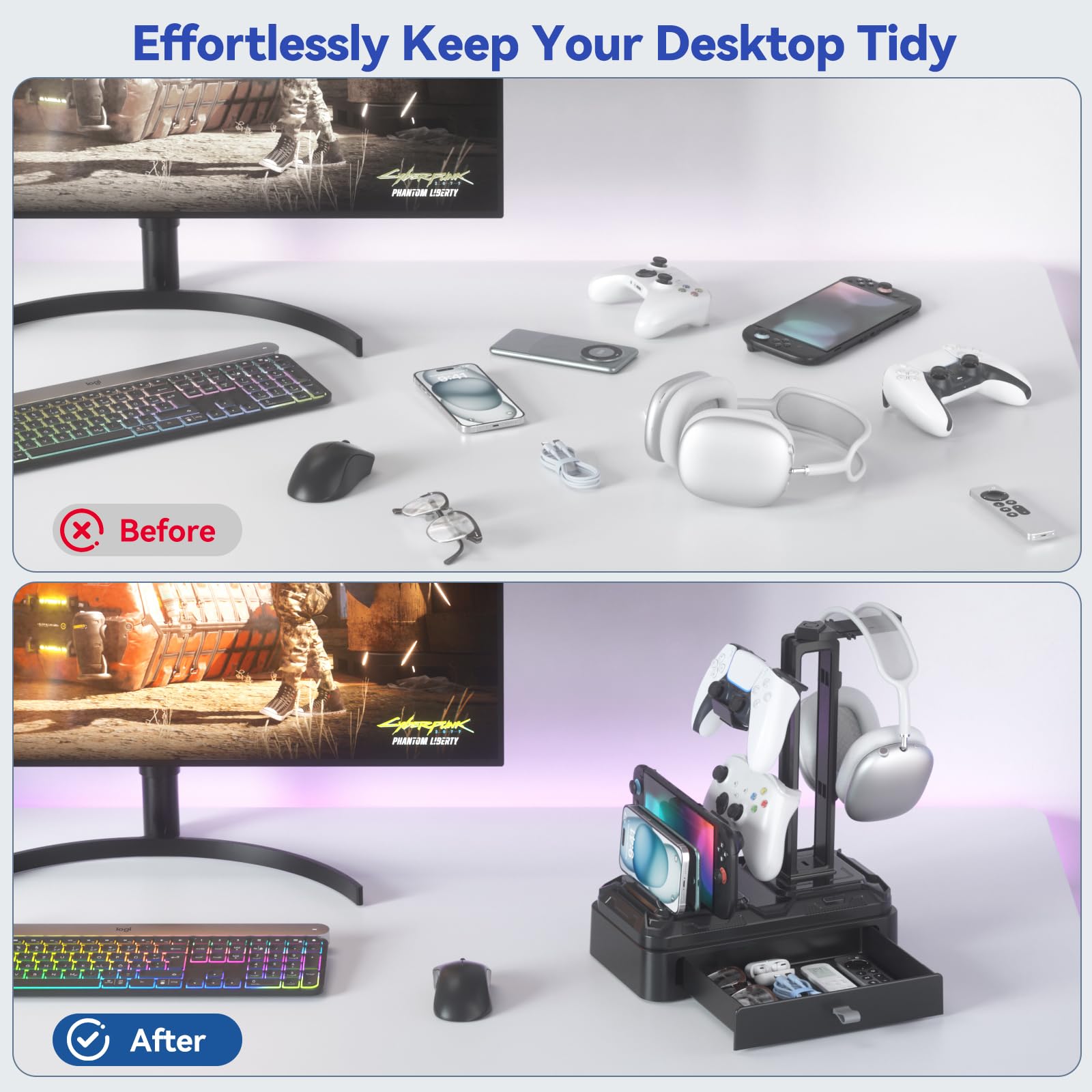 KDD Support Casque avec Tiroir - Porte Casque Rotatif & Manette Amovible pour Bureau - Organisateur Multifonctionnel avec Emplacement pour Téléphones, Tablettes - Accessoires Gaming