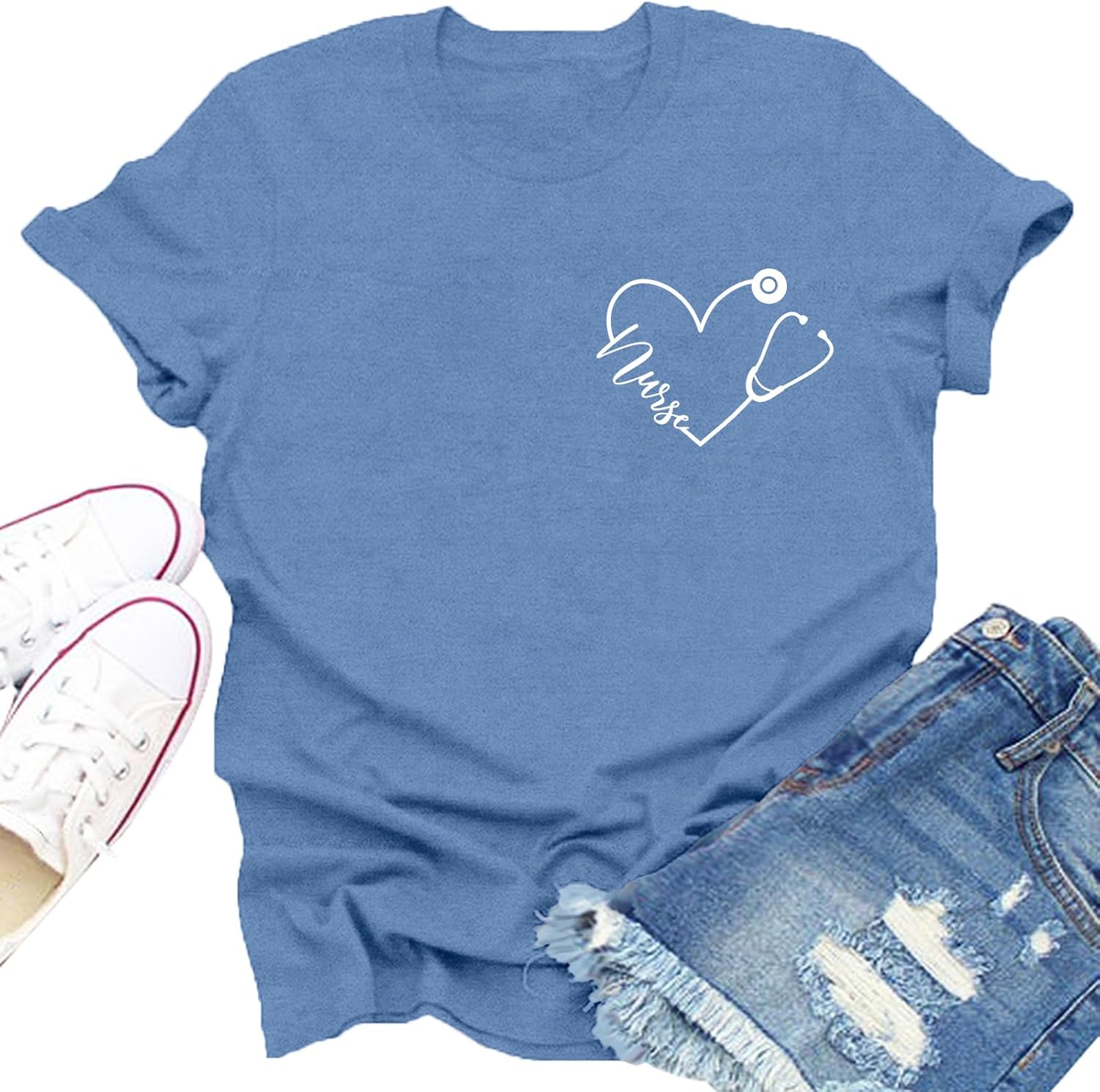 Nurse Shirts for Women Nurse Day T-Shirt Nursing Stethoscope Heart Tee Tops