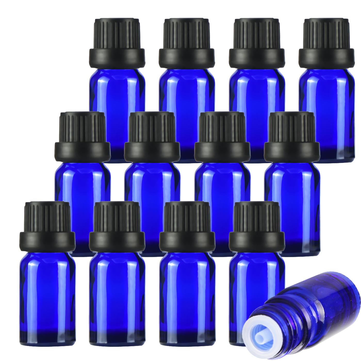 864 Pezzi Bottiglietta di Vetro per Oli Essenziali da 10 ml Blu Bottiglia con Tappo di Sicurezza Nero con Contagocce Interno a Caduta, Contenitori di Aromaterapia