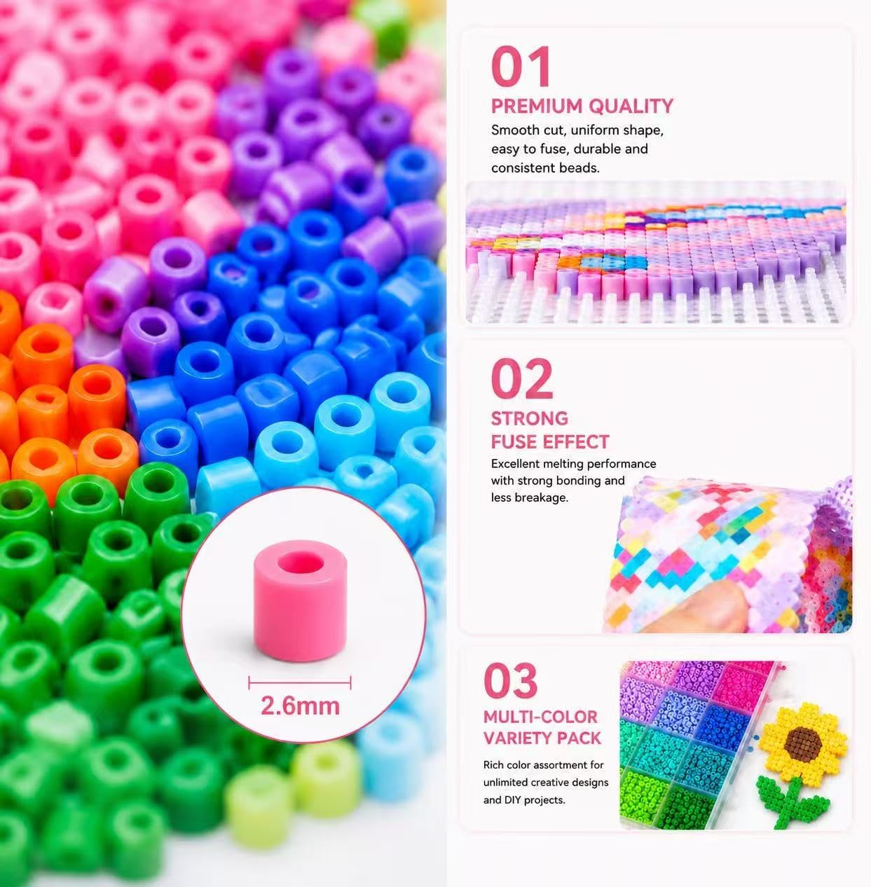 Fuse Beads Kit Christmas Birthday Gifts for Girls,26000PCS 48Colors 2.6mm Melty Beads with Pegboardx,Ironing Paper,Tweezers & Keychain Accessories Iron Beads