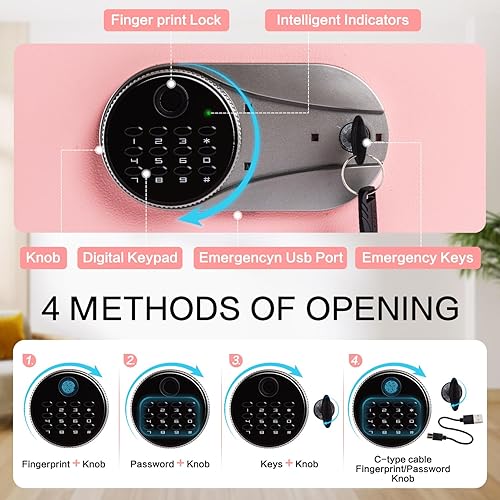 Miniatura 6 de Caja fuerte biométrica de 1.0 pies cúbicos, segura para huellas dactilares con bolsa ignífuga, estante extraíble, sistema de alarma, caja de dinero
