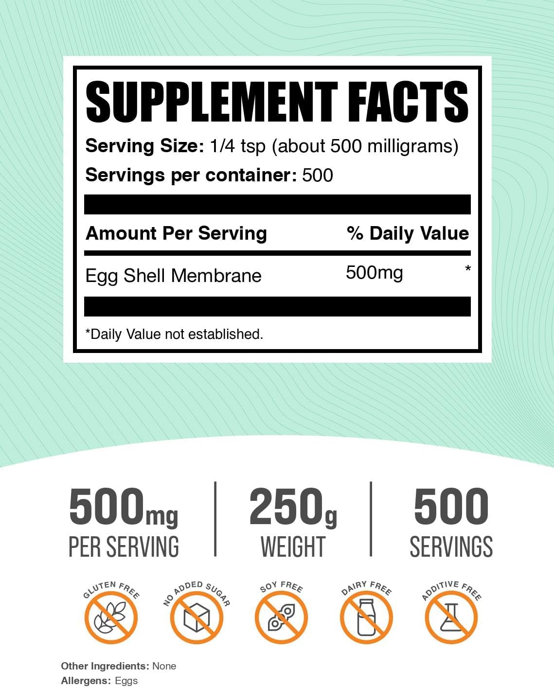 BulkSupplements.com Egg Shell Membrane Powder - Collagen Powder Suplement, Dairy-Free & Gluten Free, 500mg per Serving, 250g (8.8 oz) (Pack of 1)