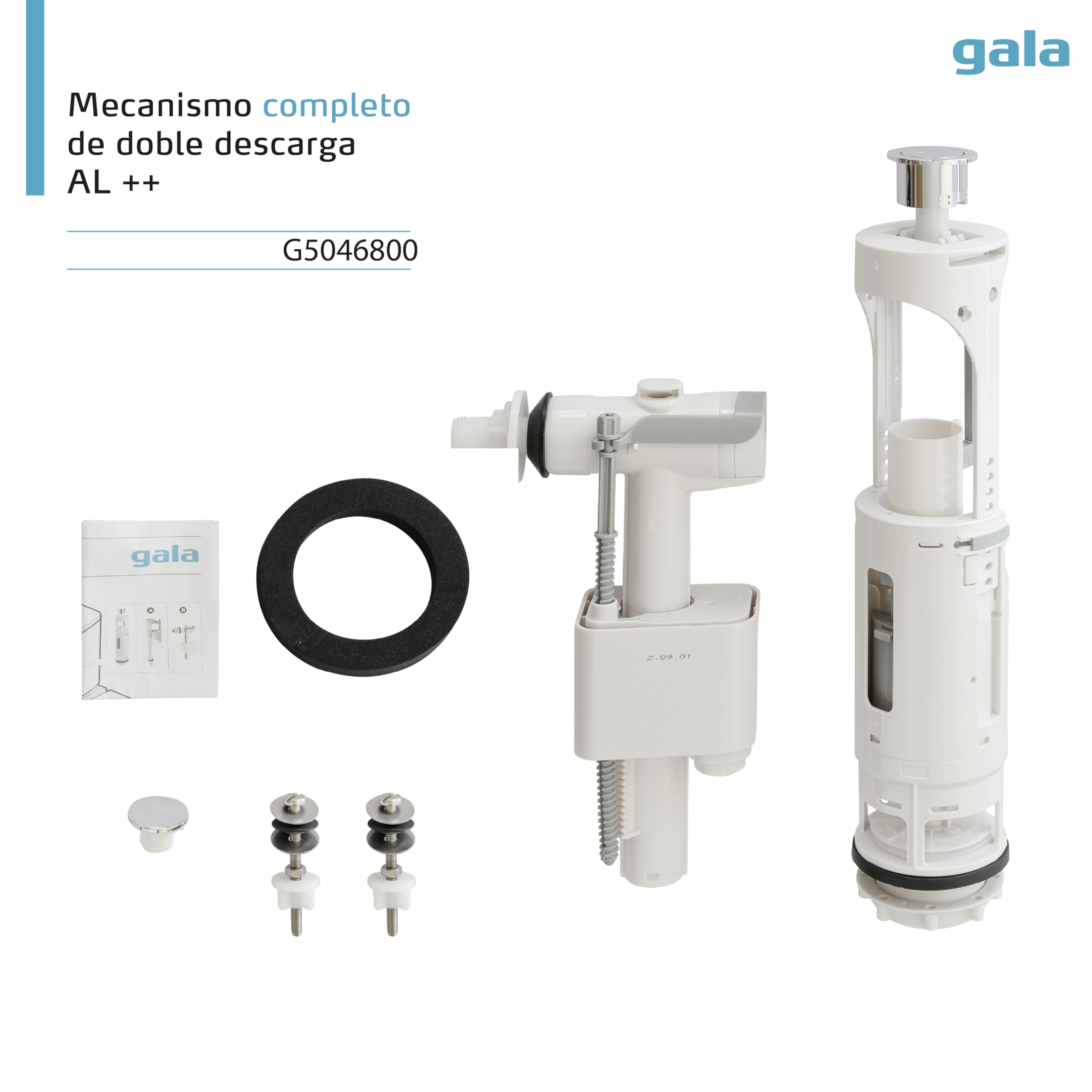 Gala Mecanismo G5046800– Mecanismo completo de doble descarga Alimentación lateral++. Compatible con cisternas Gala y de otras marcas. Fácil instalación