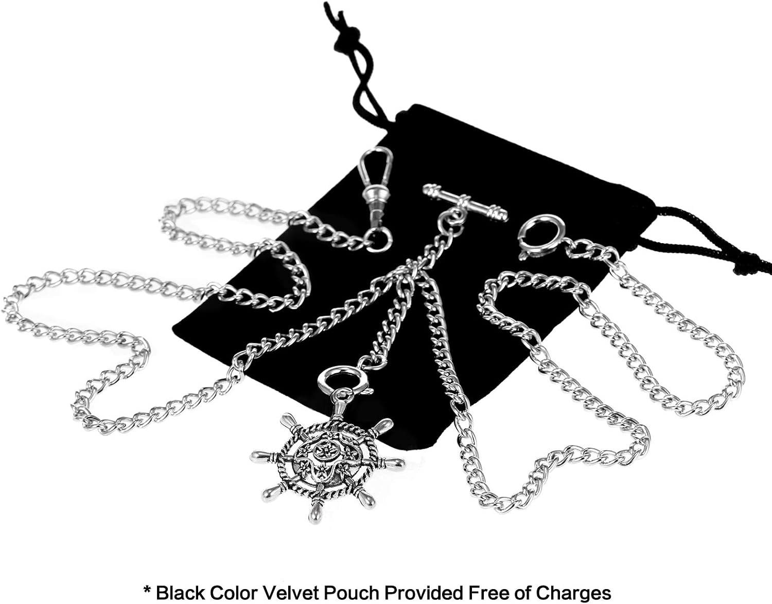 TREEWETO Men's Double Albert Chain Pocket Watch Curb Link Key Chain 3 Hooks with Antique Rudder Pendant Design Charm Fob T Bar