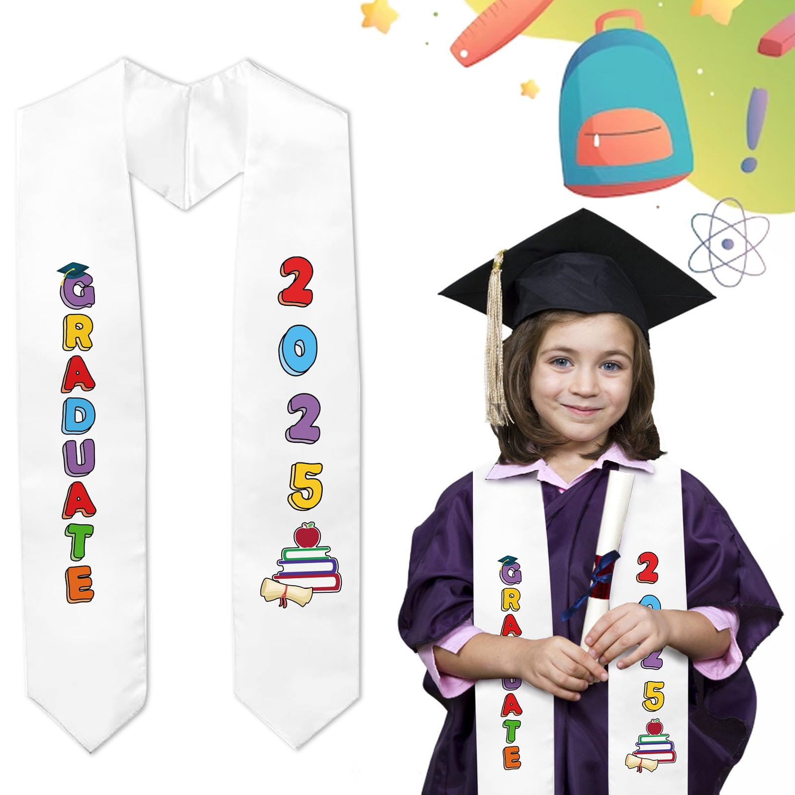 Kindergarten Graduation Sash for Preschool Party Favors, White Class of 2025 Graduation Stole for Graduation Decoration