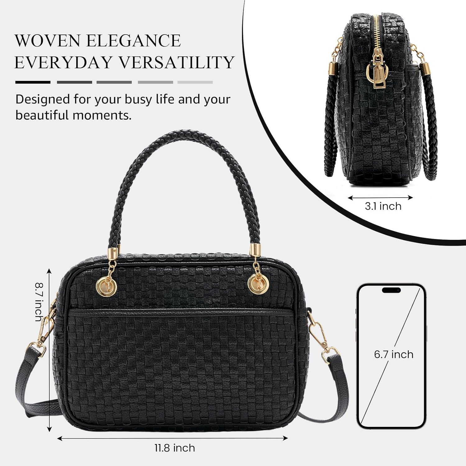 Chic Woven Crossbody Camera Bag, Soft Vegan Leather Purse with Designer Look & Braided Handle - Image 3