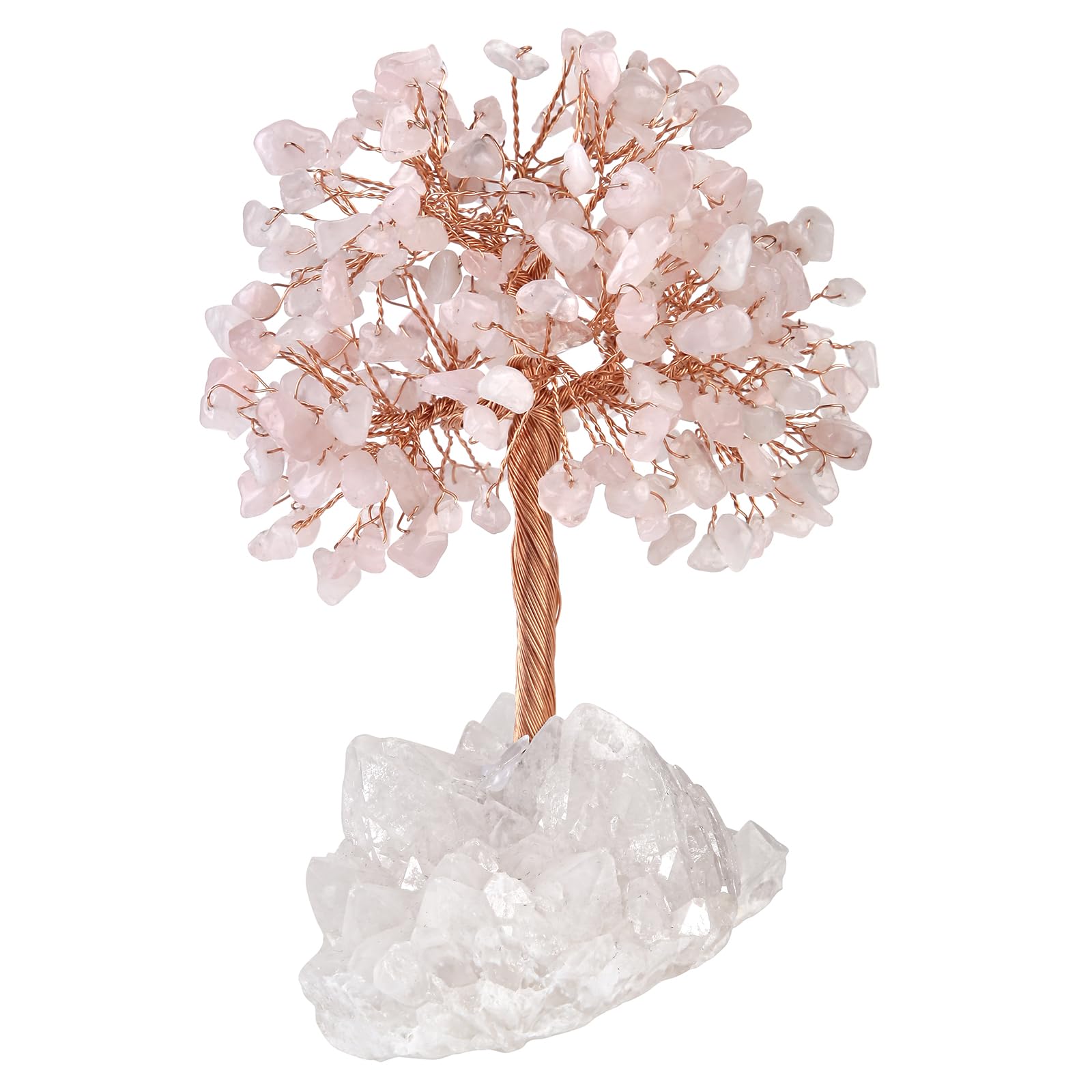 Arbre de vie en quartz rose avec socle cristal de roche : pierre naturelle Feng Shui