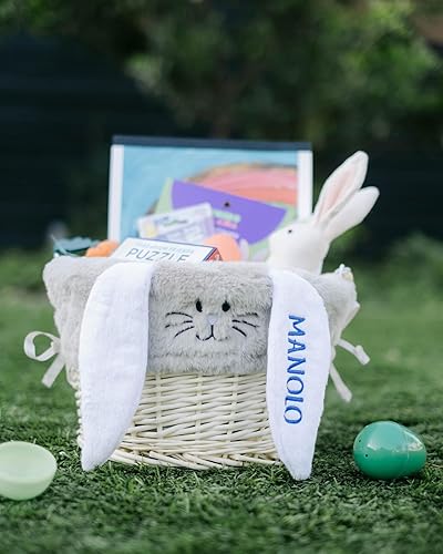 Miniatura 7 de Personalization Universe Cesta de Pascua personalizada de conejo rosa y cesta natural con mango plegable