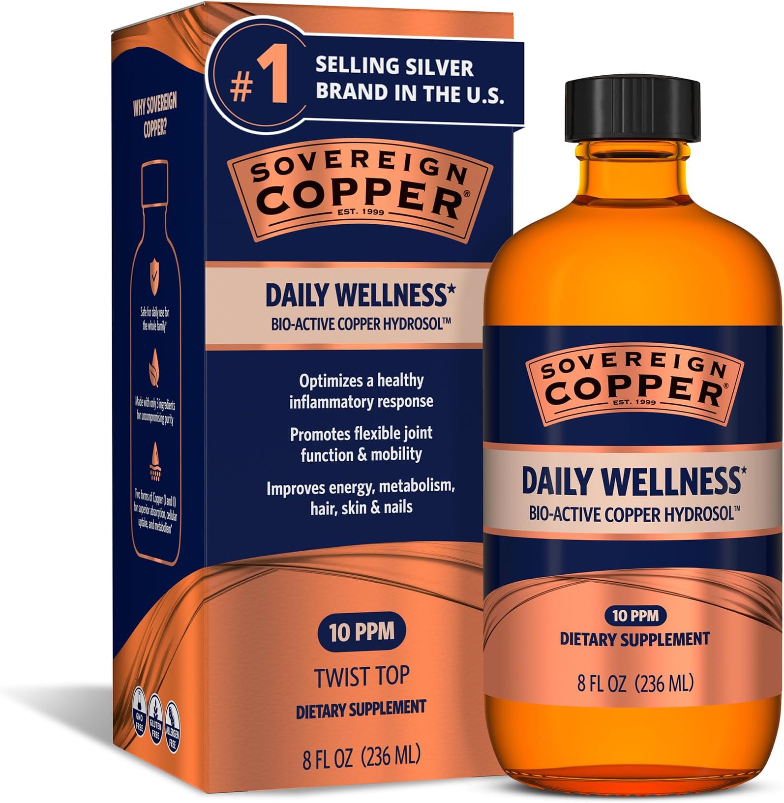 Sovereign Copper Bio-Active Copper Hydrosol, 4 fl oz (118 mL) | 99.999% Ultra Pure Copper I & II Hydrosol Supplement for Collagen, Joints, Bones, Hair, Skin & Nail Support, 10 ppm