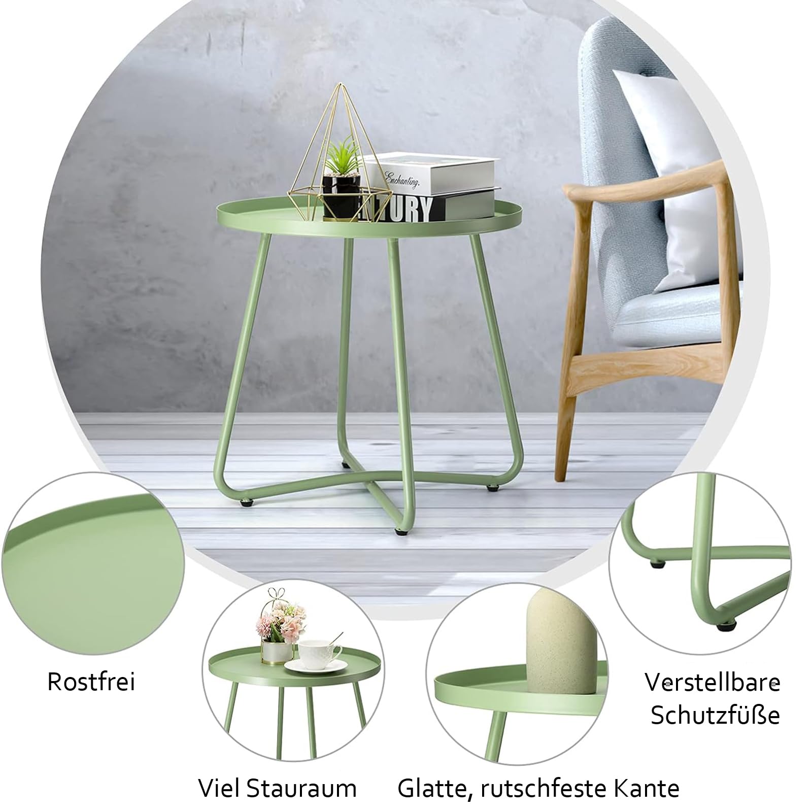 danpinera Tavolino per esterni, in acciaio resistente alle intemperie, piccolo tavolo rotondo in metallo per terrazza, cortile, balcone, giardino, comodino, verde