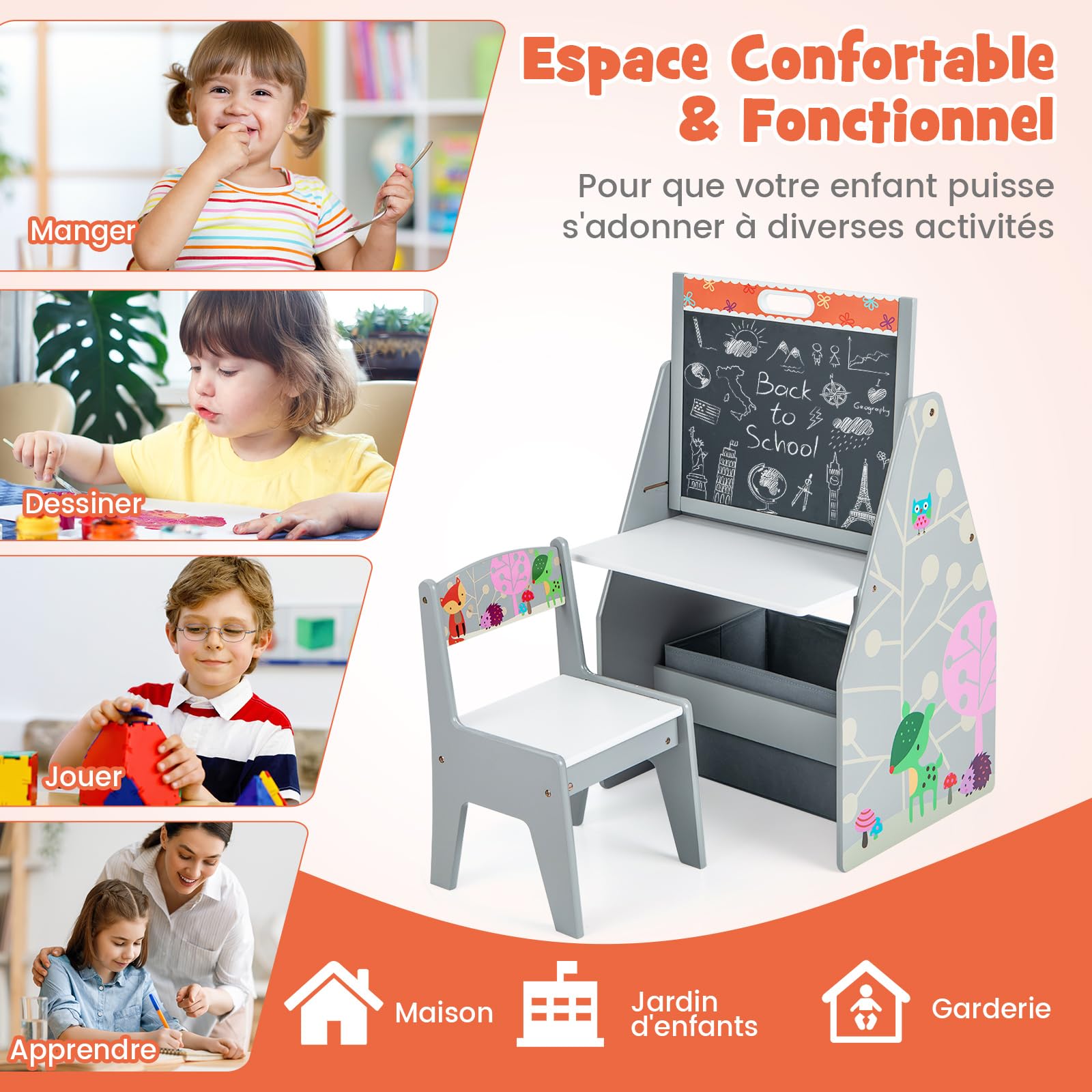 COSTWAY Table Enfants 3 en 1 avec Chaise et Tableau Double Face Réglable, Table à Dessin avec Bac en Tissu, Bibliothèque pour Jouets Livres, Charge 50/10kg Gris