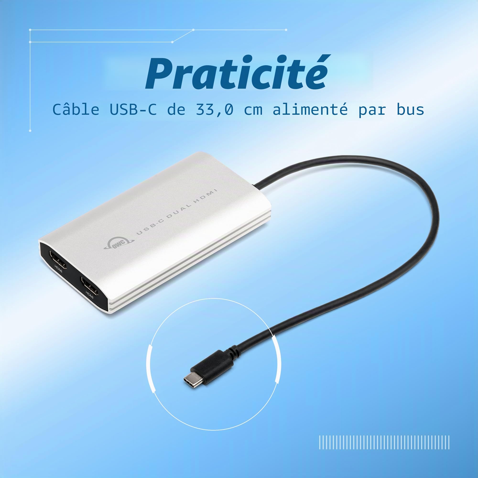 OWC Adaptateur d'écran USB-C double HDMI 4K avec DisplayLink - pour Mac Apple Silicon M1 et M2 ou autres Mac ou PC équipés d'un port USB-C ou Thunderbolt