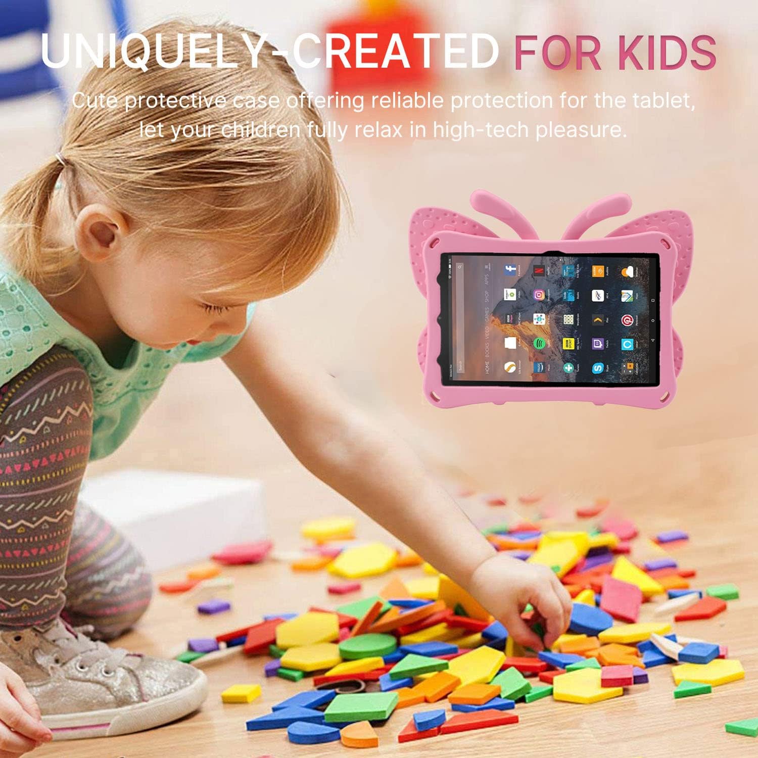 Simicoo Amazon Fire 7 Tablet 12th Gen 2022 Case Cute Butterfly Case with Stand for Kids Light Weight EVA Rugged Shockproof Heavy Duty Kids Friendly Full Cover for Fire 7 2022 (Pink)