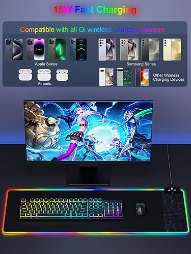 Miniatura 3 de Alfombrilla de mouse LED, alfombrilla de mouse para juegos con carga inalámbrica, alfombrilla de escritorio grande, 10 colores de luz RGB,