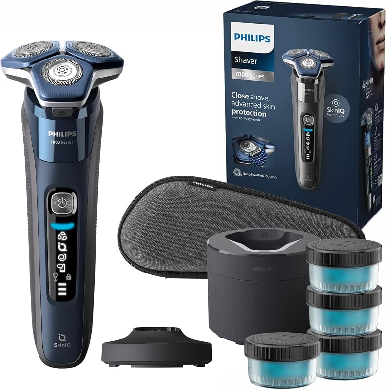 PHILIPS Barbeador elétrico masculino Series 7000 Wet & Dry com aparador retrátil, estação de limpeza, 4 cartuchos de limpeza, estação de carregamento e estojo de viagem — Modelo S7885/63