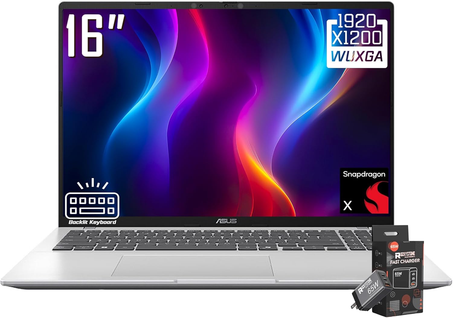 ASUS Vivobook 16 Copilot+ PC Laptop, 16” WUXGA Display, 8-Core Qualcomm Snapdragon X, Qualcomm Adreno GPU, 16GB RAM, 512GB SSD, FHD IR Webcam, Cool Silver, Windows 11 Home, w/Res 65W Charger