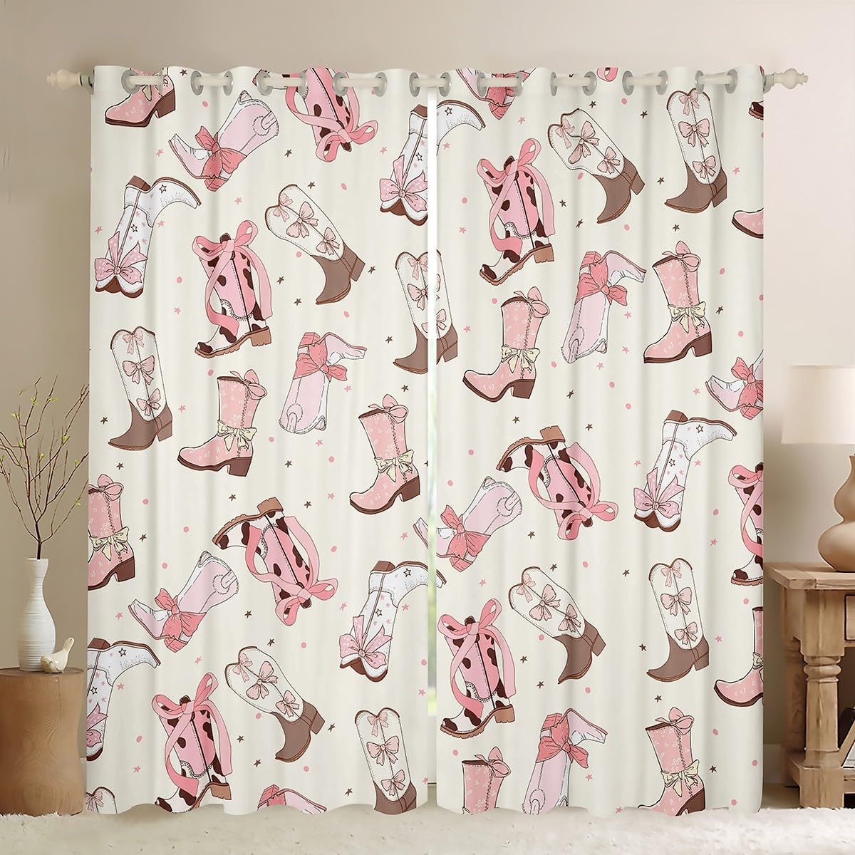 Cowgirl Curtain Western Cowgirl Boots Window Curtain 38"Wx45"L 2 Panels,Pink Bow Window Treatments for Kids Boys Girls,Wild Rustic Cowboy Curtains & Drapes Cow Print Window Drapes Cute Decor