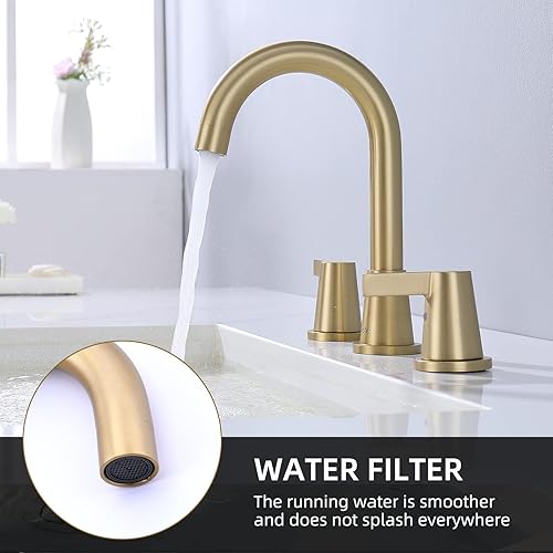 Miniatura 4 de NEWATER Grifo de baño de oro cepillado con 2 manijas de oro generalizado, grifo de lavabo de 3 agujeros con ensamblaje de drenaje emergente y líneas