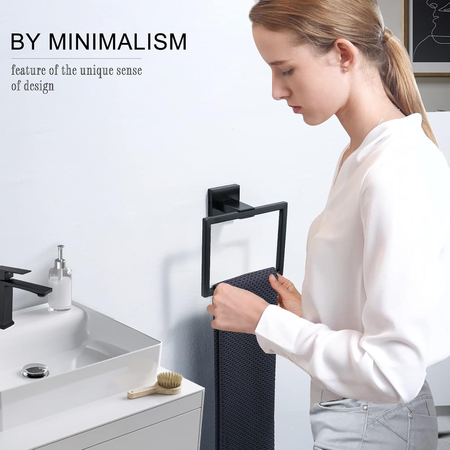 TQKAG Bathroom Square Towel Ring & Towel Hooks Coat Robe Clothes for Kitchen Bath Stainless Steel Wall Mounted, Black