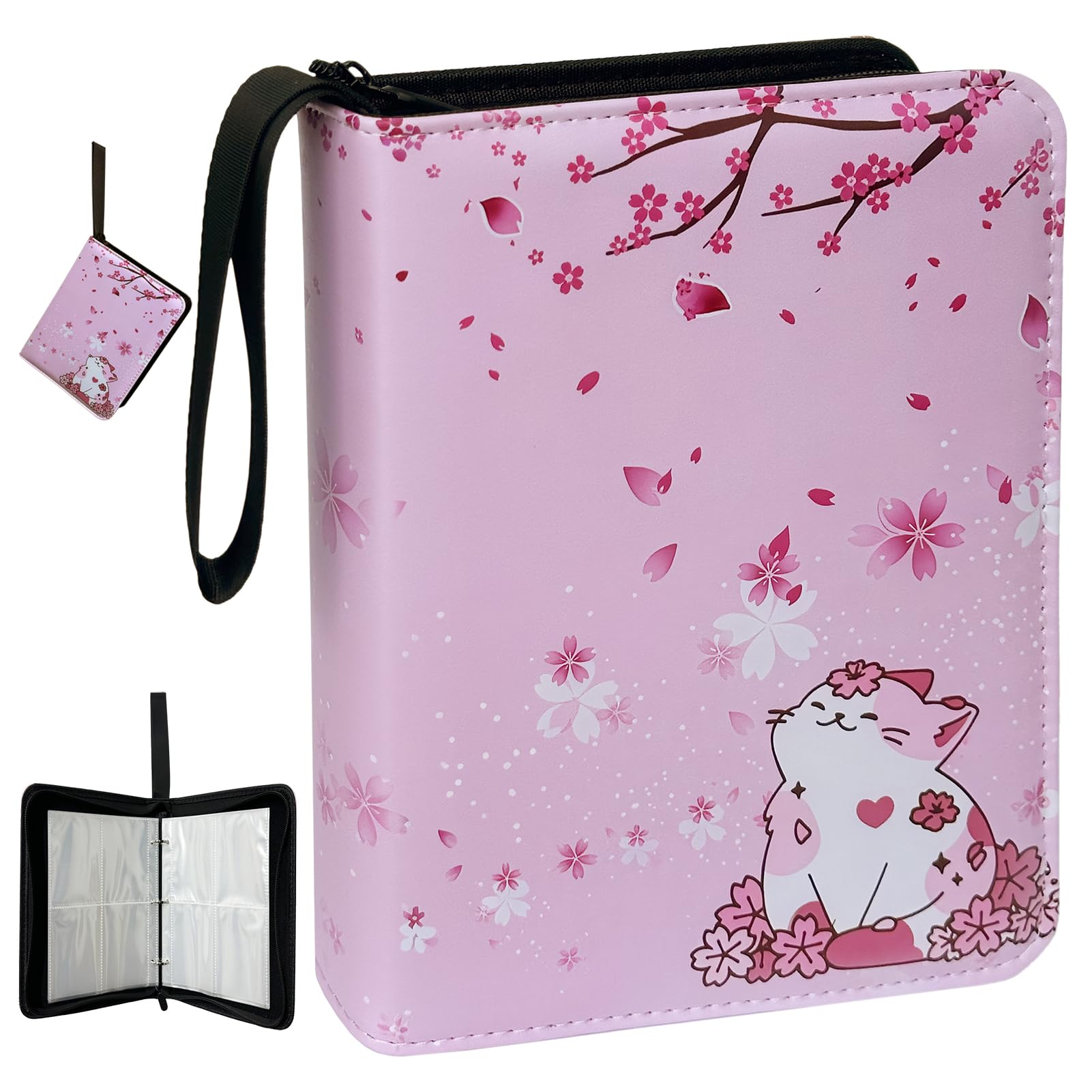4 Pocket Card Binder with Zipper, 50 Sheets 400 Pockets Card Guardian Binder, PU Waterproof Card Collection Folder Portable Trading Card Album (Pink)