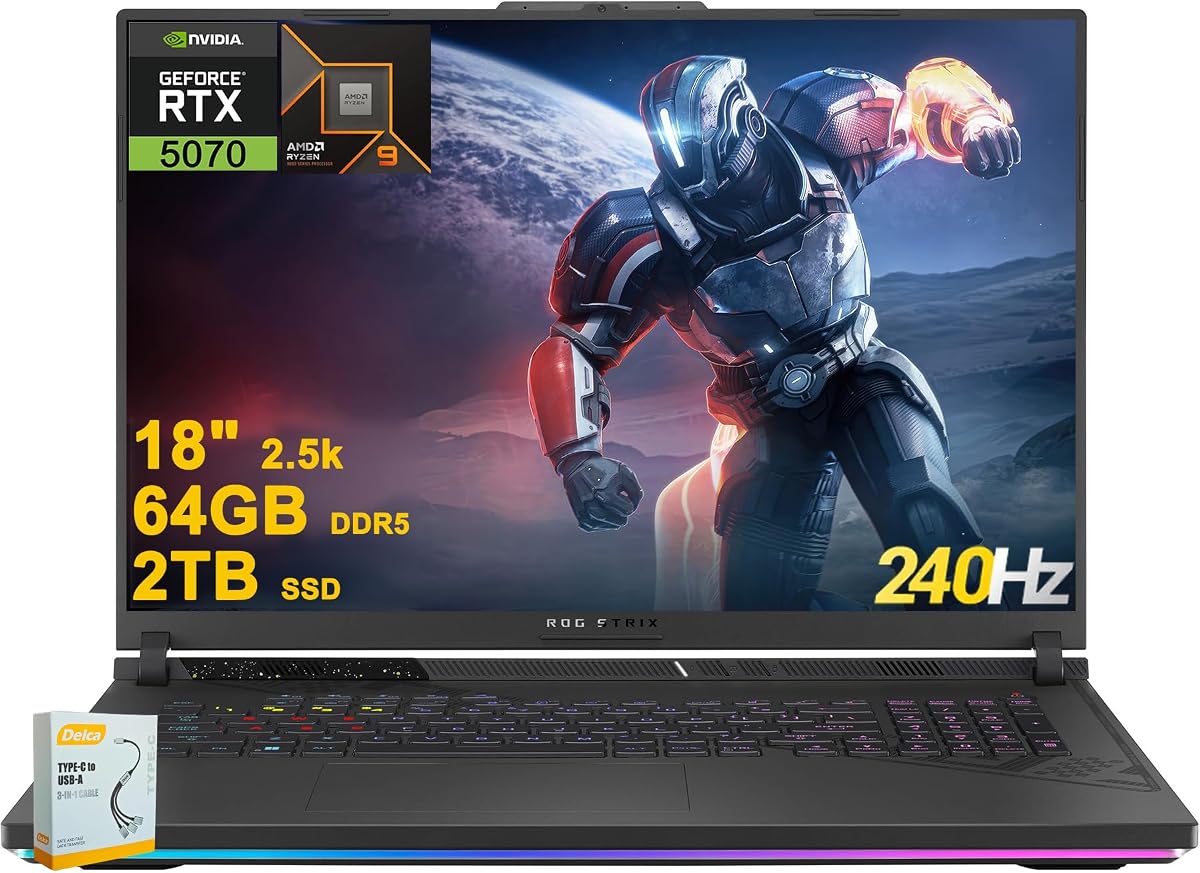 ASUS ROG Strix G18 G814 Gaming Laptop | 18" 2560x1600 240Hz (100% DCI-P3) | AMD 16-core Ryzen 9 9955HX (>i9-14900HX) | 64GB DDR5 2TB SSD | GeForce RTX 5070 DLSS4 | RGB Backlit Win11 w/DLCA Accessory