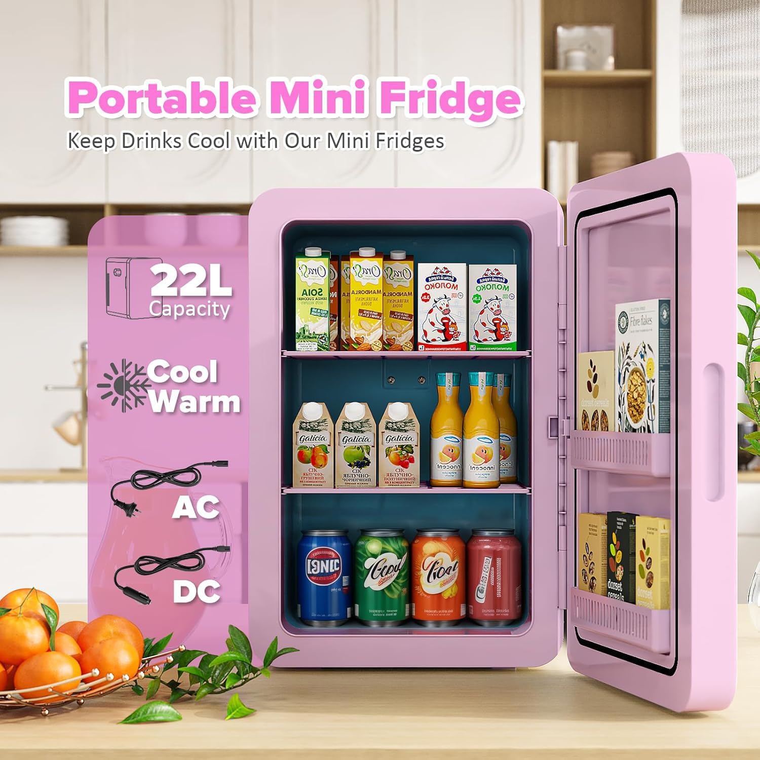 MoraRise 22L Mini Fridge for Bedrooms, 30 Cans Portable Cooler & Warmer Small Fridge, AC/DC Powered, Adjustable Shelves, Home Office, Car, Dorm, Travel, Cosmetics, Skincare, Drinks (Pink, 22L) — view 3
