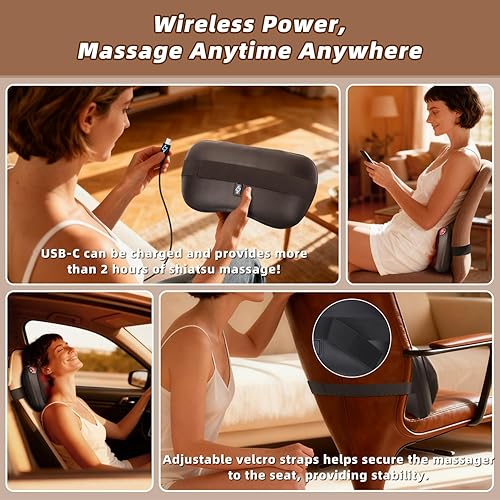 Miniatura 6 de Zenopax Shiatsu masajeador de espalda y cuello con calor, amasado de tejido profundo 3D, almohada de masaje eléctrica recargable inalámbrica para