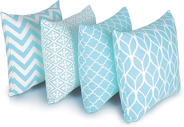 Penguin Home® Set of 4 Blue Cushion Covers 45x45cm | Double Sided Square Pillow Covers | 100% Pure Cotton & Invisible Zipper | Geometric Design Pillow Cases for Living Room, Bedroom, Sofa, 18x18 Inch