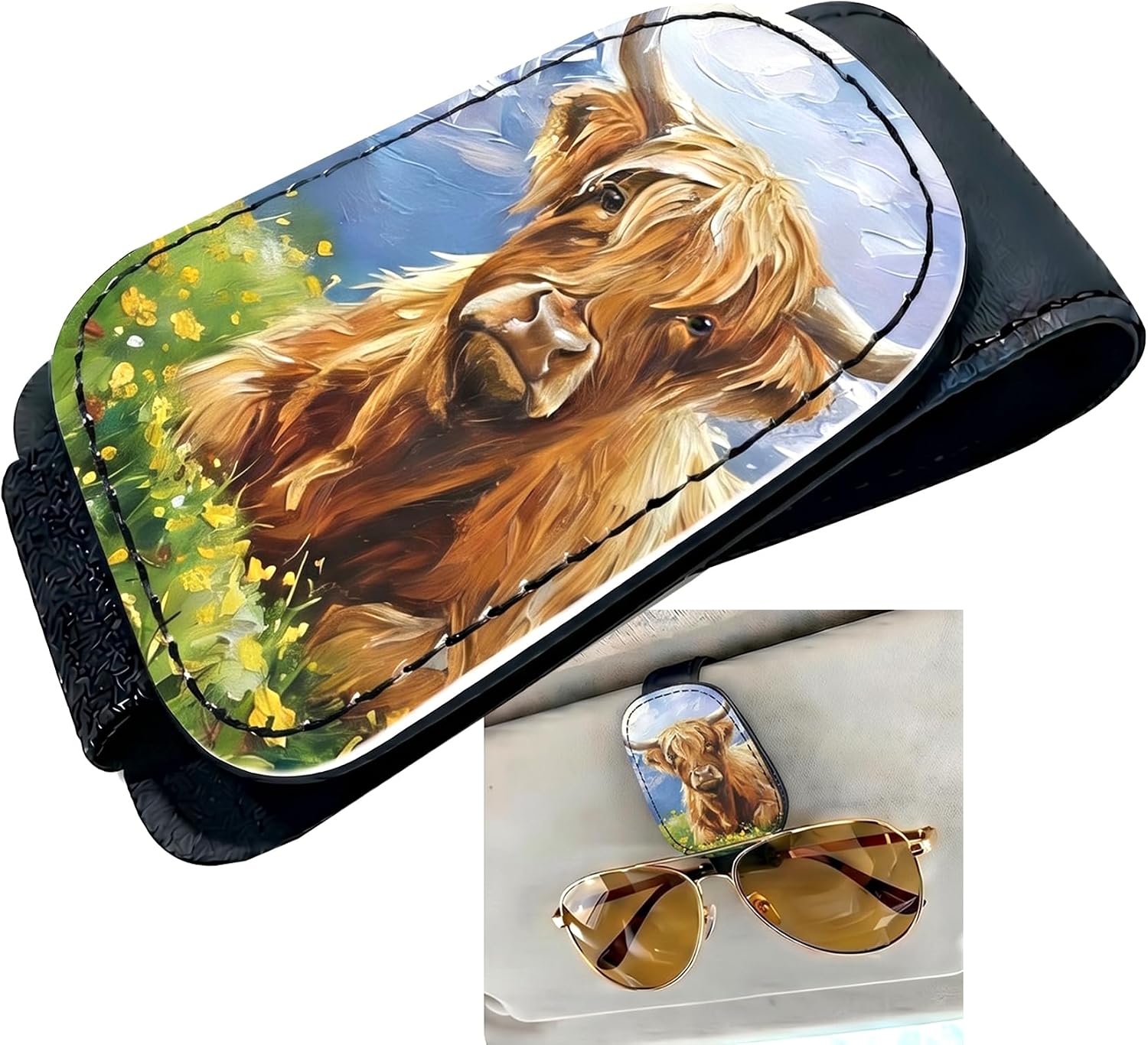 Highland Cow Car Sunglasses Holder Universal Magnetic Visor Accessories