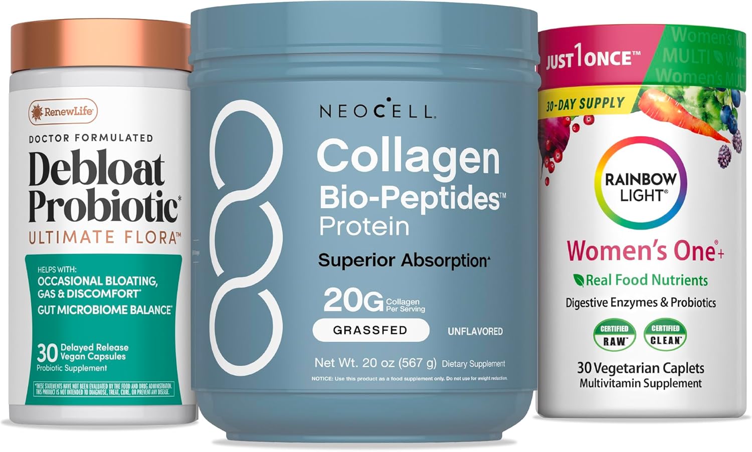 NeoCell Women’s Debloat Beauty & Balance Bundle | 3-in-1 Bundle Pack Collagen Bio-Peptides Protein | Debloat Probiotic | Women’s One + Multivitamin