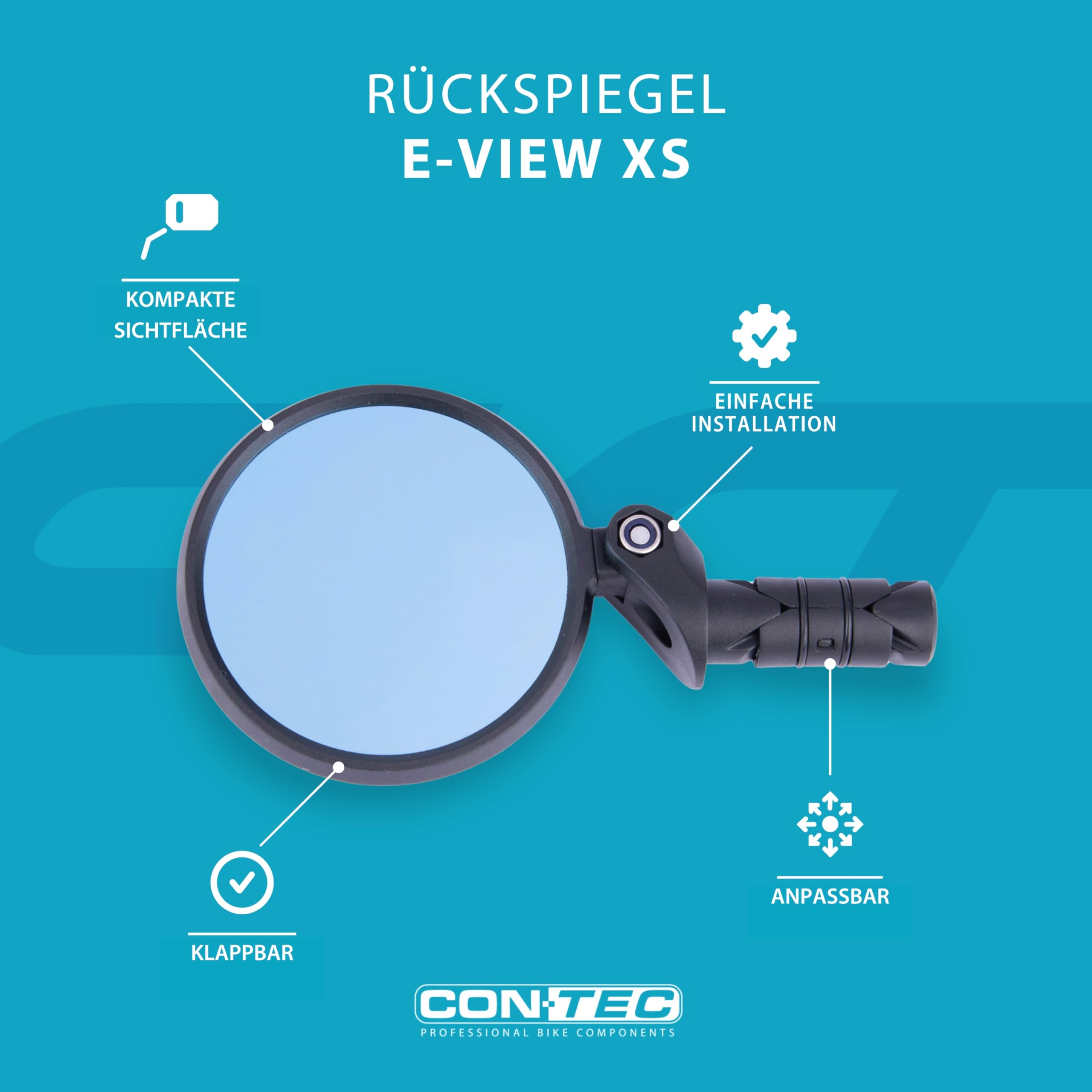 CONTEC E-View XS Fahrradspiegel, E-Bike Rückspiegel mit Edelstahllinse Ø 62 mm, Glare oder Dazz Linse, Lenker-Innenklemmung Ø 16 mm, rechts & links montierbar, robust & schwarz