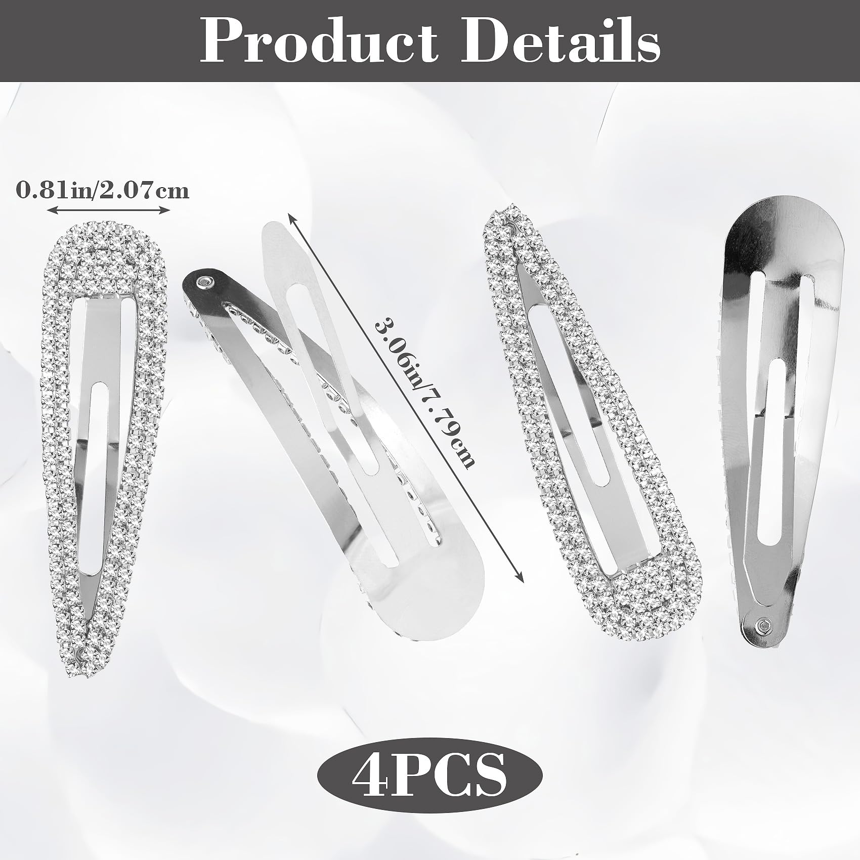 Elegant Silver tone Crystal Hair Clip rhinestones 3 inches 6 Pieces Rhinestone Hair Clips 3 Inch Snap Hair Barrettes  main image 3