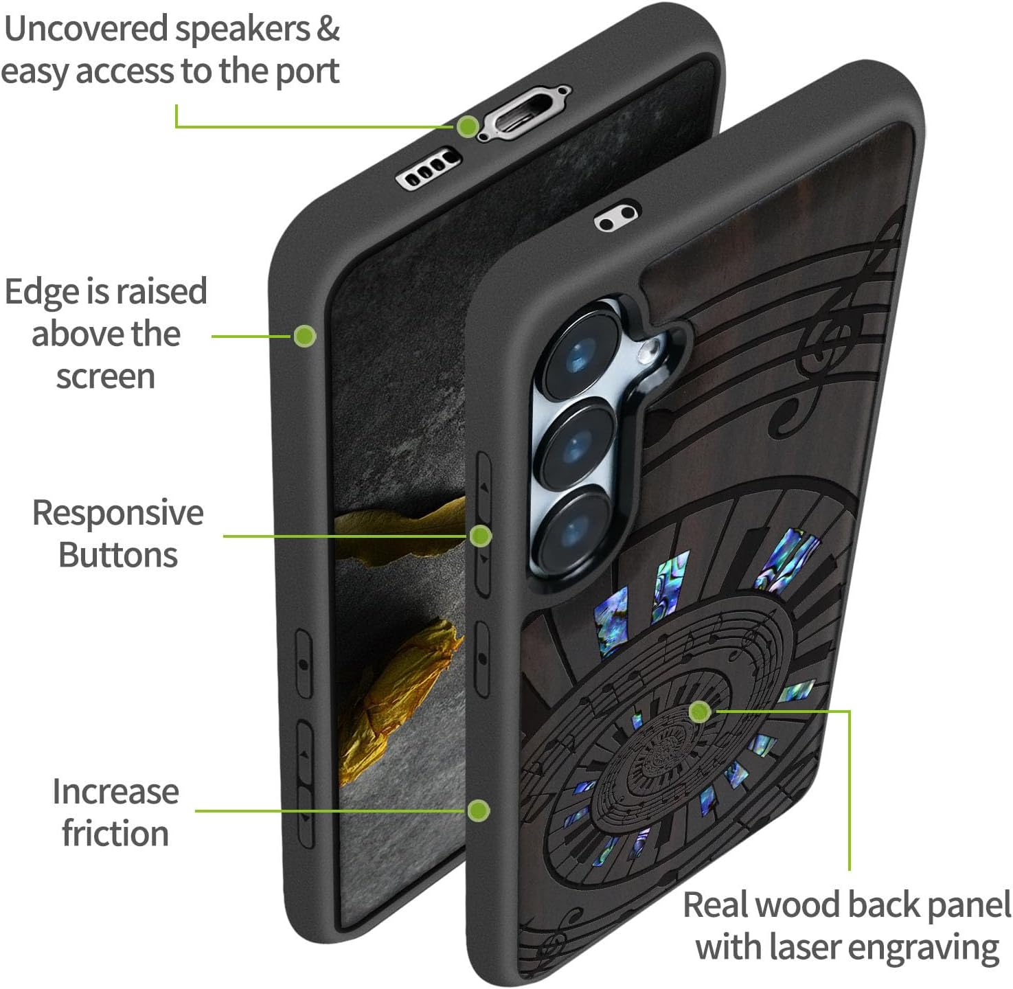 Carveit Designer Wooden Case for Samsung Galaxy S24 FE Case [Wood Engraving & Shell Inlay] Compatible with Wireless Chargers S24 FE Cover (A Spiral Symphony-Blackwood)