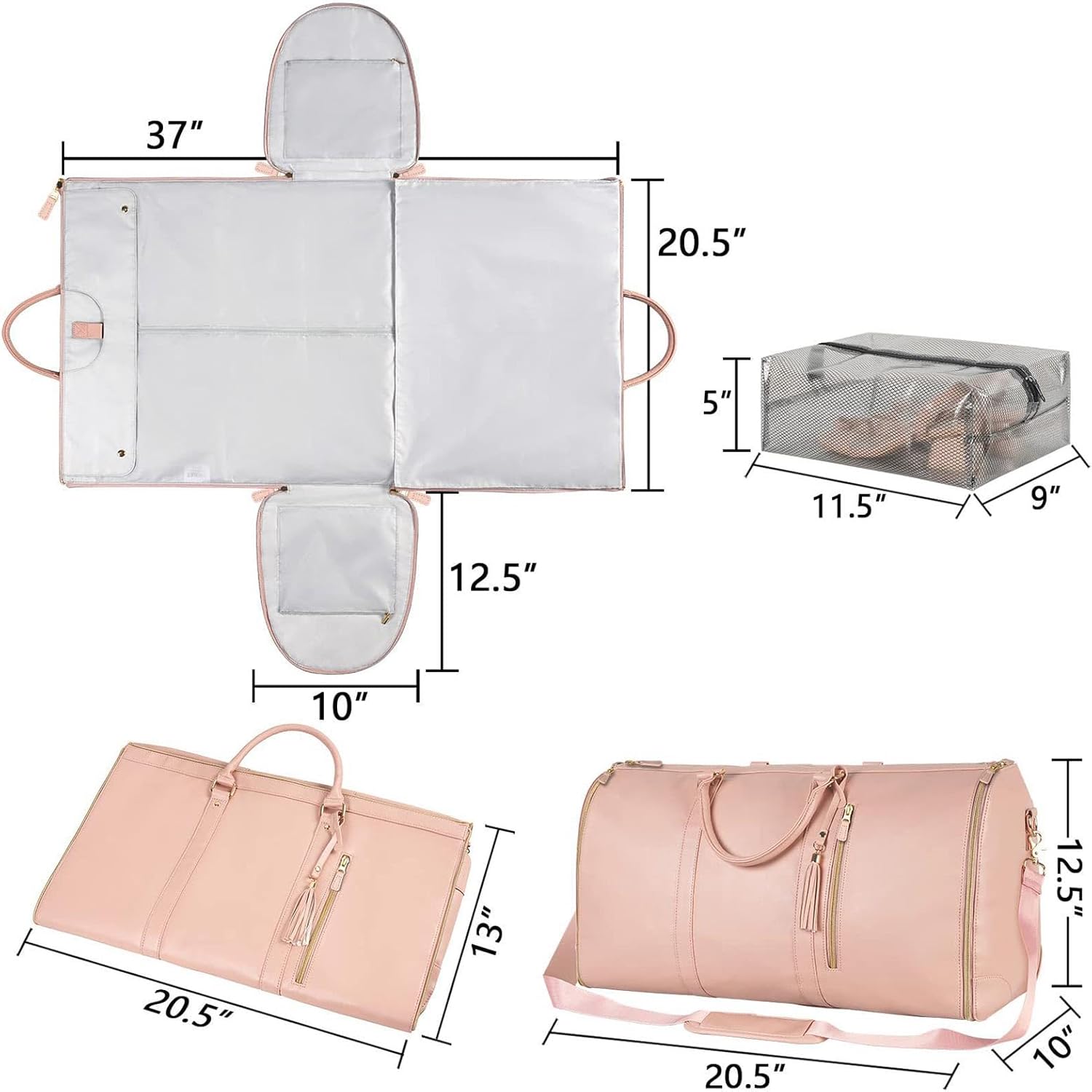 Garment Duffle Bags for Travel, Convertible Carry On Garment Bag with Shoe Compartment, Foldable 2 in 1 Waterproof Garment Duffle Bag, Travel Suit Duffel Bag for Gift-Pink