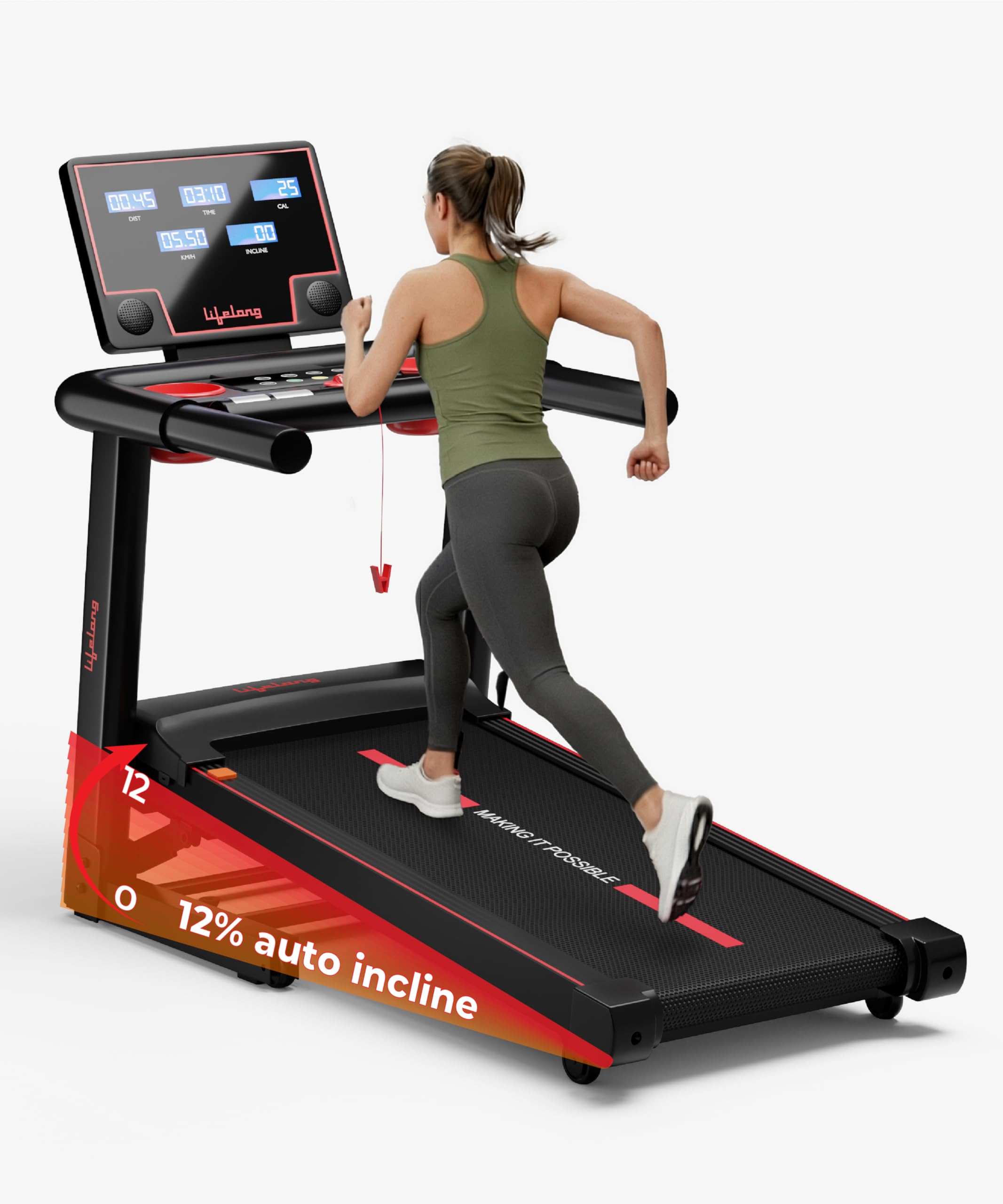 Lifelong 5HP Foldable Treadmill for Home | Home Workout Equipment | LED Display | 12% Auto Incline | 14 km/h Speed | 12 Preset Programs | Hydraulic Fold | Bluetooth & FitShow App | 110kg Max Weight-image-13
