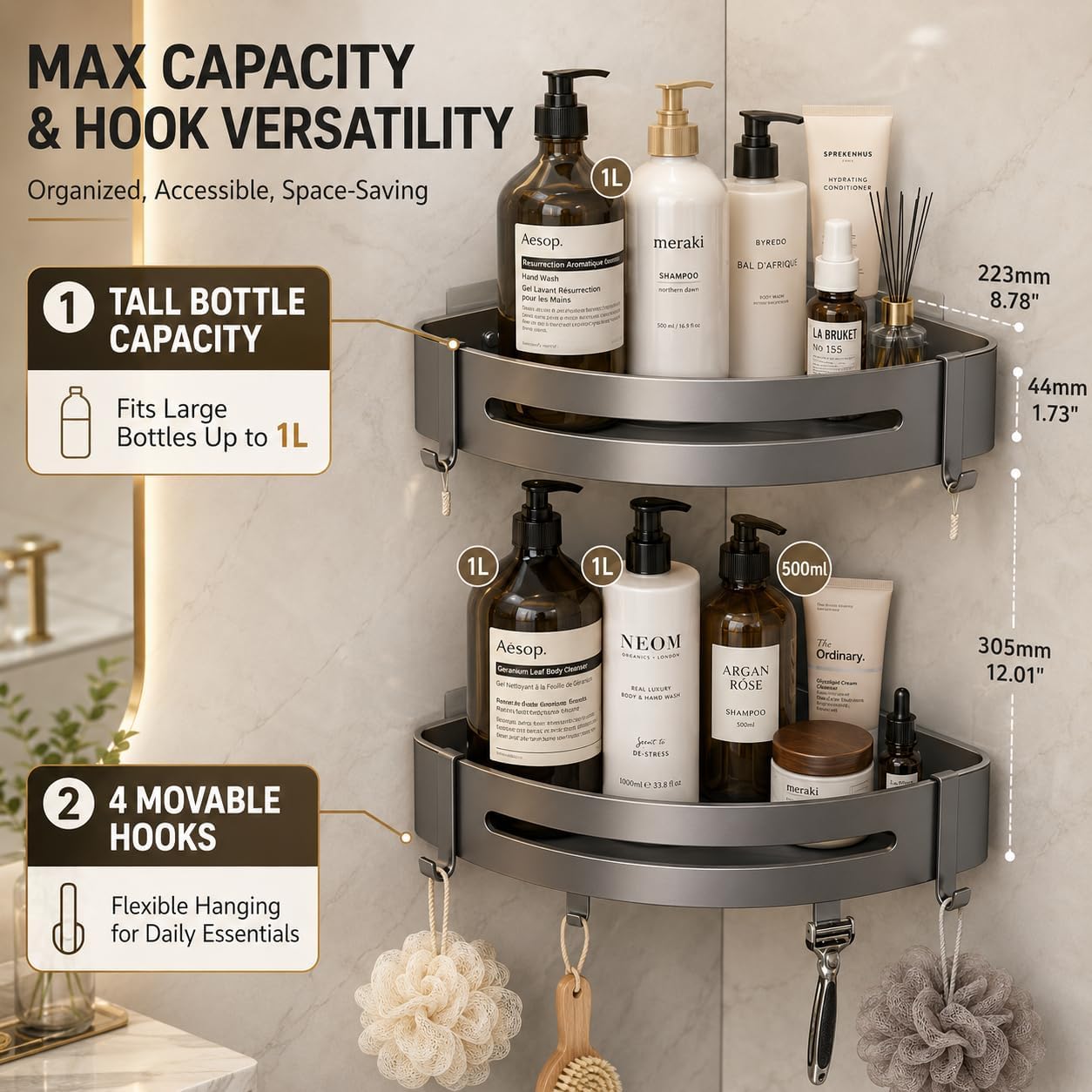 Corner Shower Caddy - 2 Pack Rustproof Stainless Steel Bathroom Organizer Shelves for Inside Shower, No Drill Adhesive Wall Mount Heavy Duty Storage Rack with 4 Hooks, Gunmetal