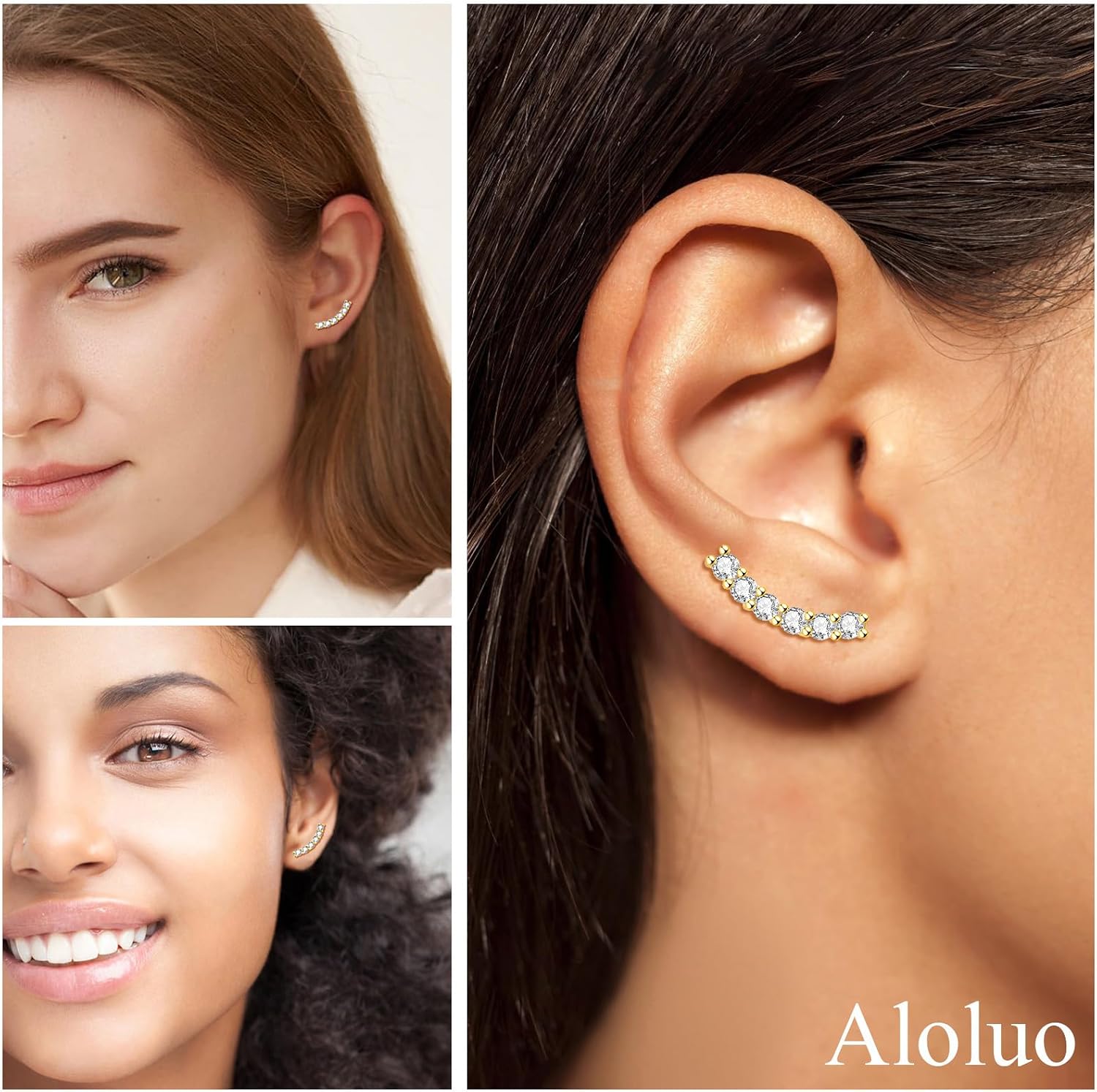 Dainty CZ Climber Stud Earrings for Women Gold Plated Hypoallergenic Cubic Zirconia Small Bar Minimalist Ear Crawler Earring Post Studs Cartilage Jewelry Mother's Day Birthday Gfits