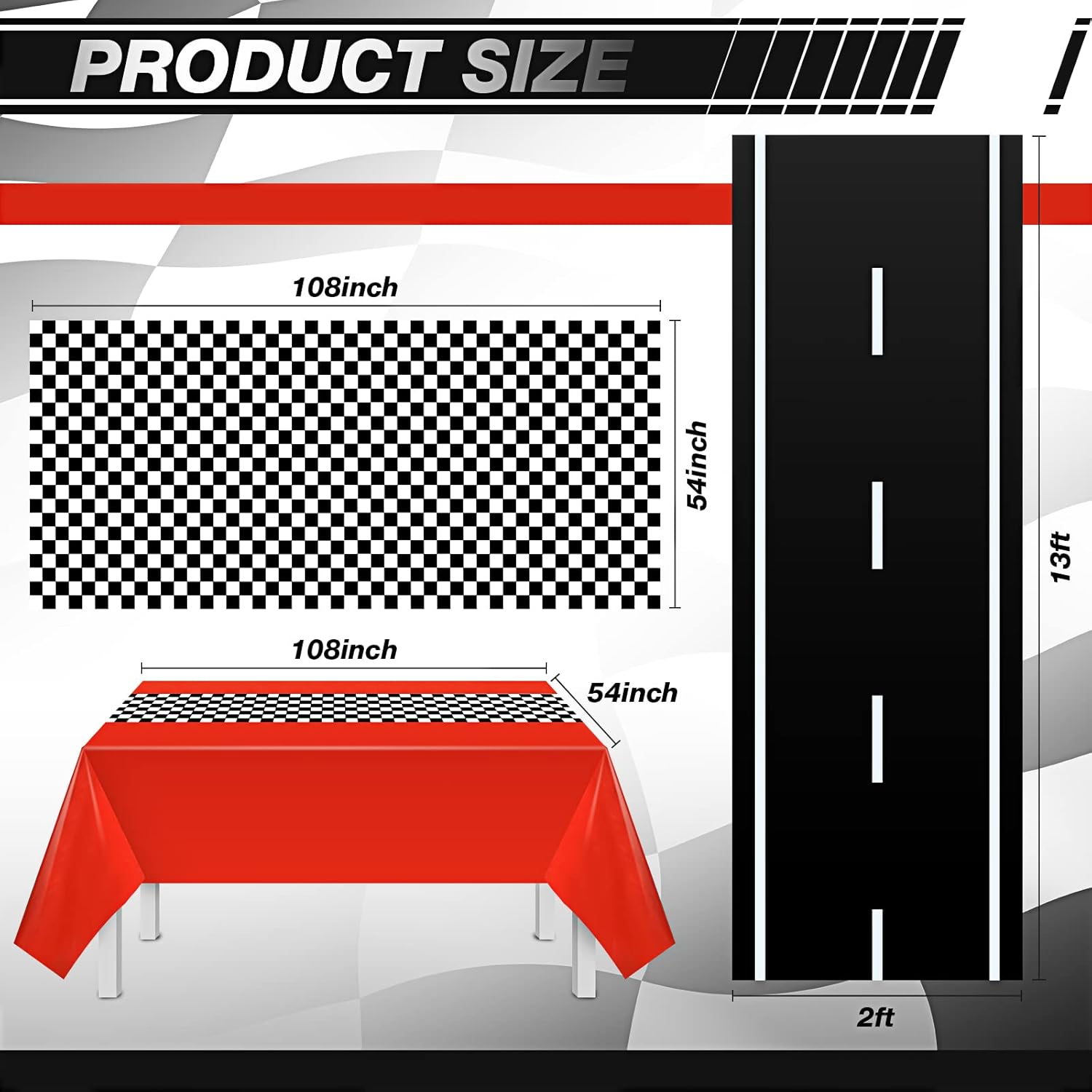29 Pcs Race Car Birthday Party Supplies, Include 2 Plastic Table Cloth, Black Race Track Running Mat, 16 Checkered Flag, 8 Orange Traffic Cones, 2 Tire Tube Swim Ring for Racing Theme Party Decoration