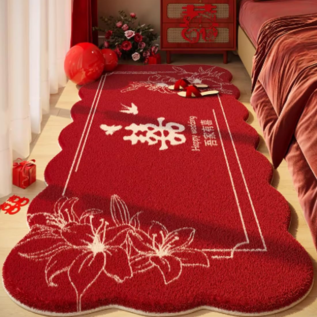 Tapis de chevet en fausse laine rouge pour un salon adapté aux animaux