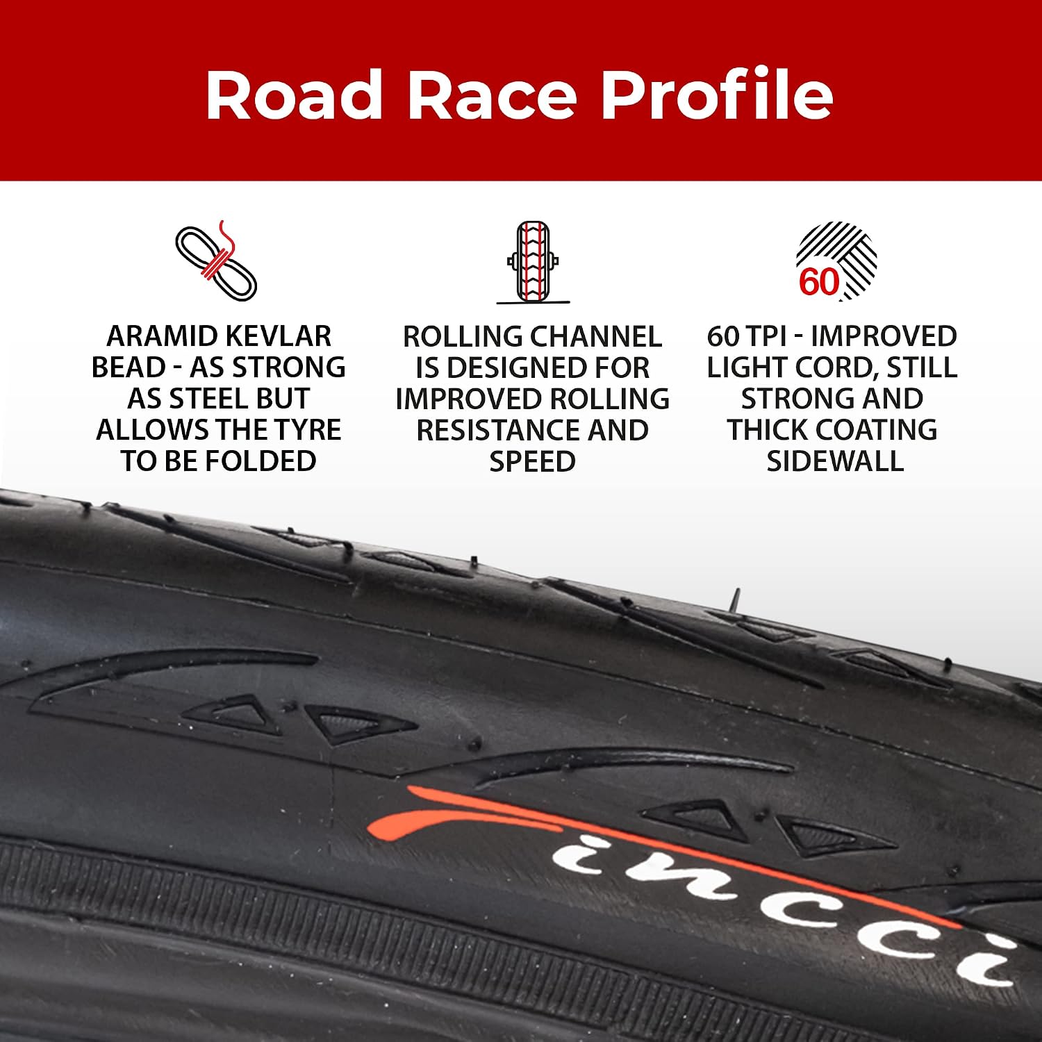 Fincci Pair 700x25c Tyres 25-622 60 TPI 