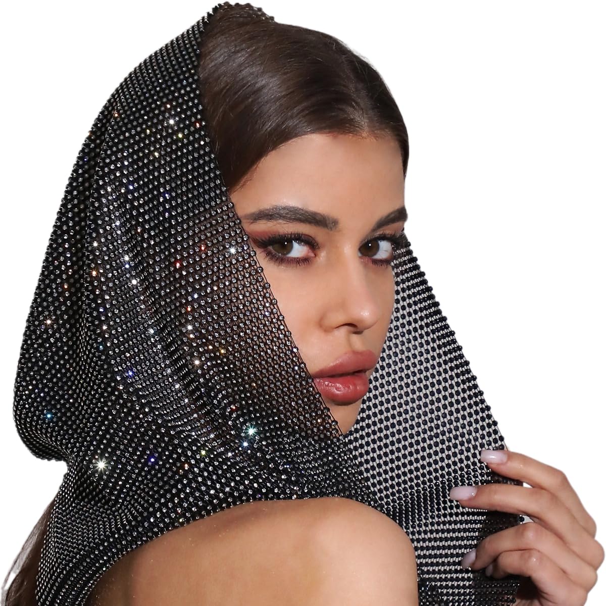 Sparkly Rhinestone Mesh Head Scarf Hood Crystal Headband for Women Festival Concert Club Party Accessory