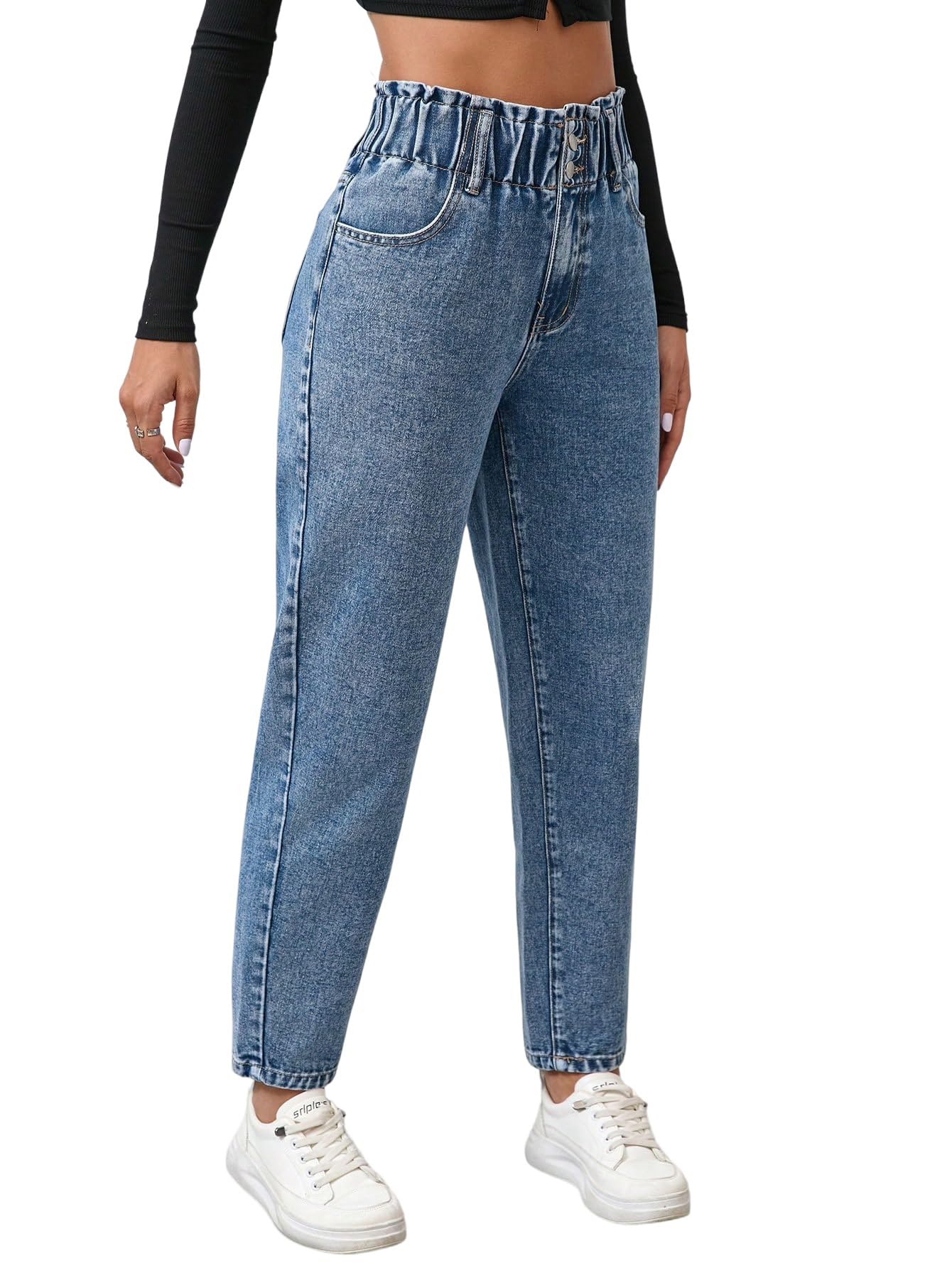SOLY HUX Pantalon en jean pour femme - Taille haute - Pantalon en jean avec poches - Pantalon avec taille élastique - Jean avec coupe carotte - Streetwear