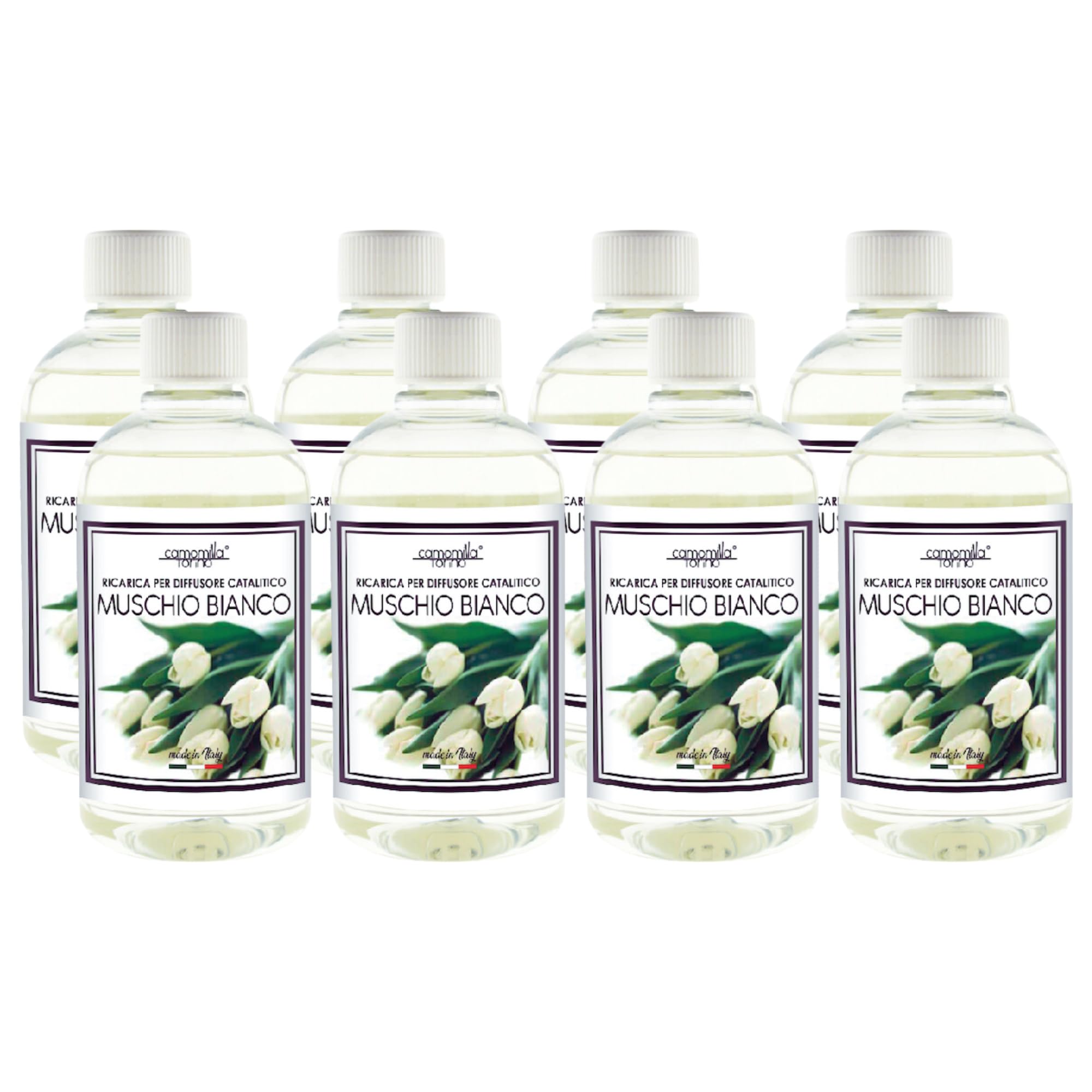 Camomilla Torino - Feifan Ricarica Profumo 500 ml per Lampada Catalitica 25 Fragranze Naturali e Intense ad Alto Concentrato di Essenza- Made in Italy (Muschio Bianco, 8 Flaconi)