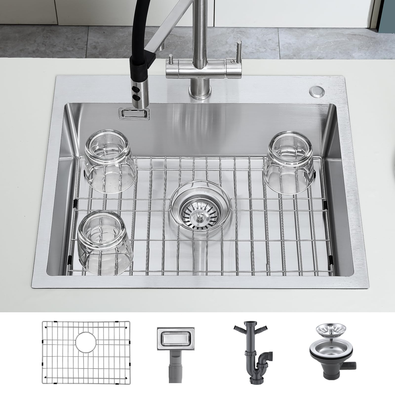 KEOKBON 304 Stainless Steel 45x45cm Kitchen Sink with 2 Tap Hole, Drop In Sink Trap Whole Set with Waste and overflow, with 2 Connections for Dishwasher/Washing Machine, 1 Bowl