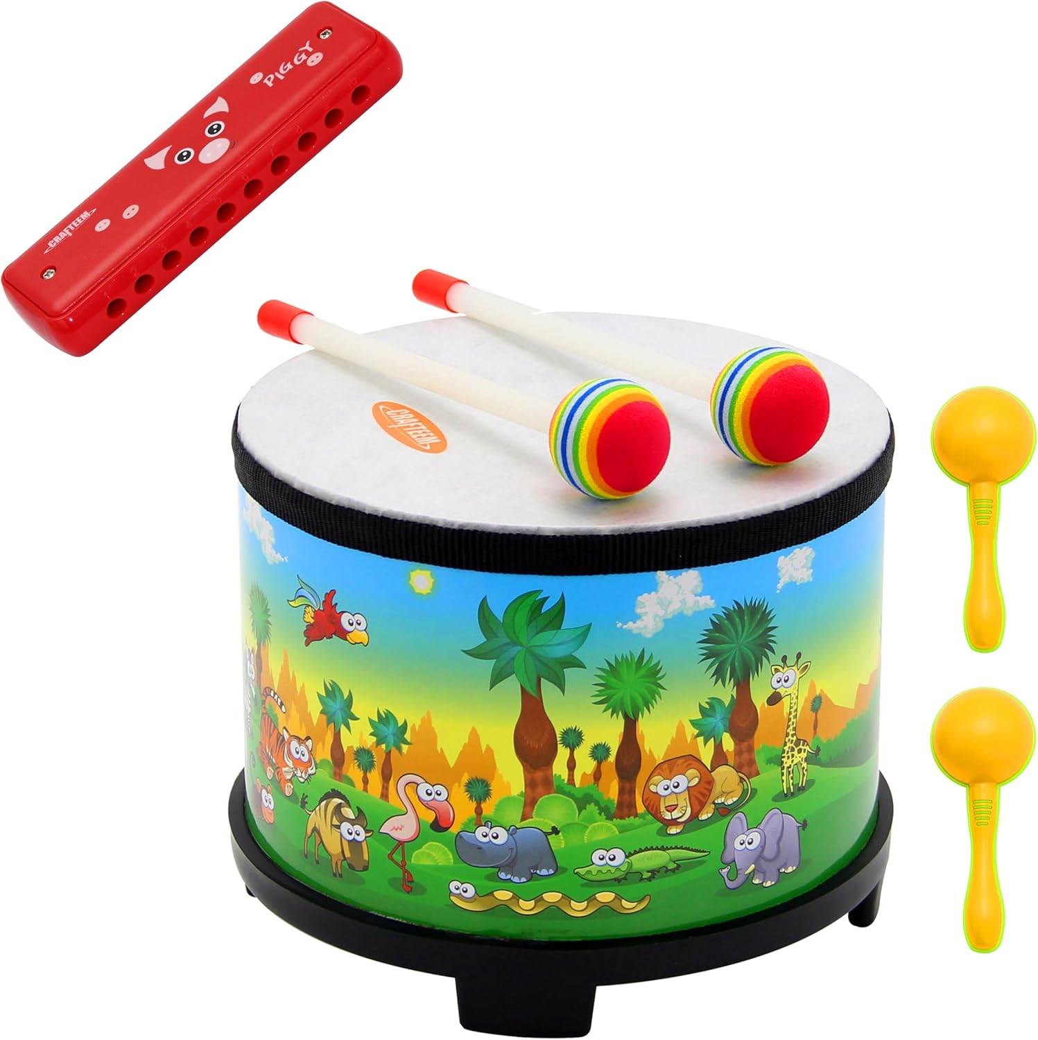 Kids Drum Wooden Instrument and Color Blues Kids Harmonica for Toddler, Children Boys & Girls Christmas Birthday Gift