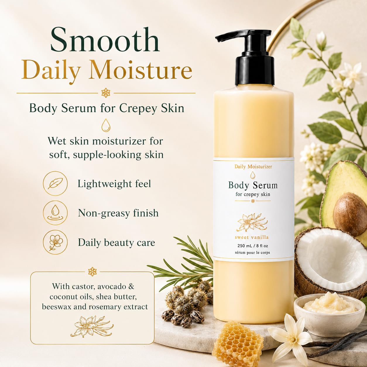 Bees Body Serum for Crepey Skin, Waterless Wet Skin Body Oil with Avocado, Castor & Coconut Oils, Shea Butter & Beeswax, Sweet Vanilla After Shower Body Moisturizer, 8 fl oz
