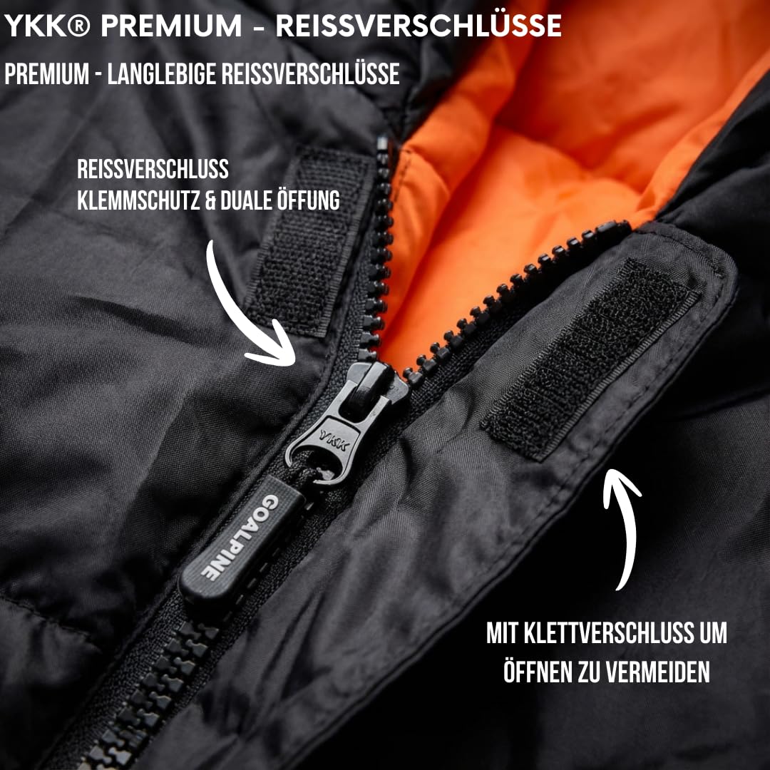 GOALPINE® Madeira Schlafsack für große Personen | 4 Jahreszeiten | mit Armöffnung | 400 GSM 0-10 Grad Komfort | wasserabweisend | kleines Packmaß | Atmungsaktiv | Mumienschlafsack | Trekking
