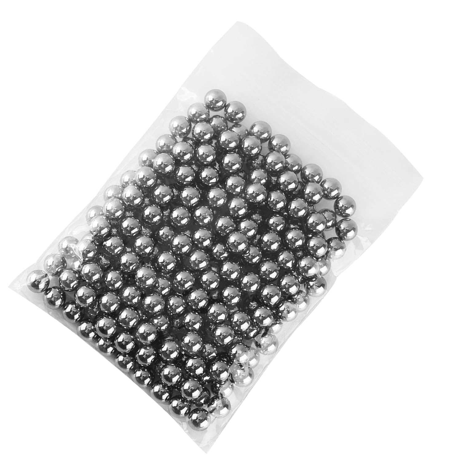 A clear plastic bag containing numerous G10 precision steel balls, sealed for protection.