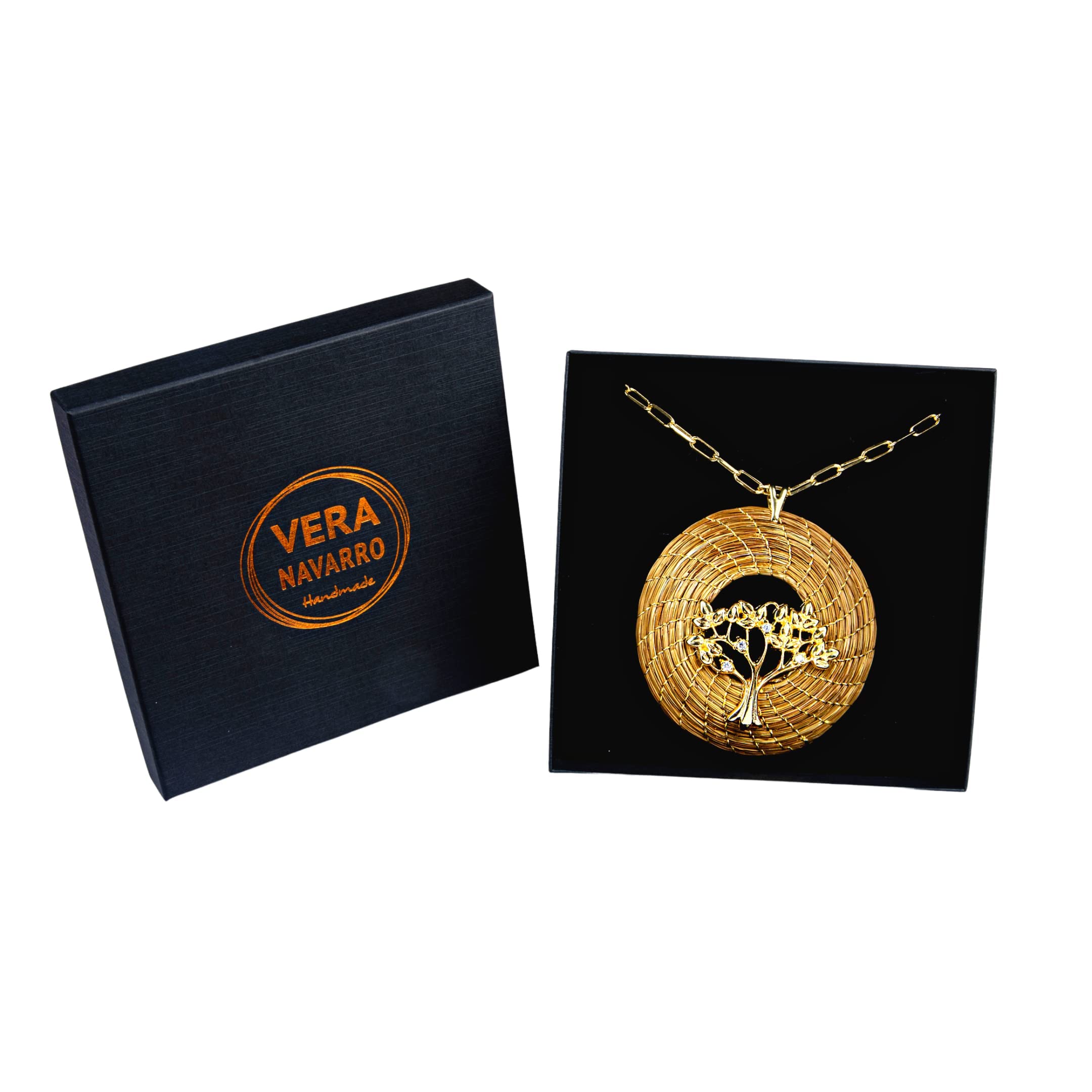 Collar Árbol de la Vida de Oro Vegetal 45 mm con Cadena Chapada en Oro | Joyería de fibra natural dorada