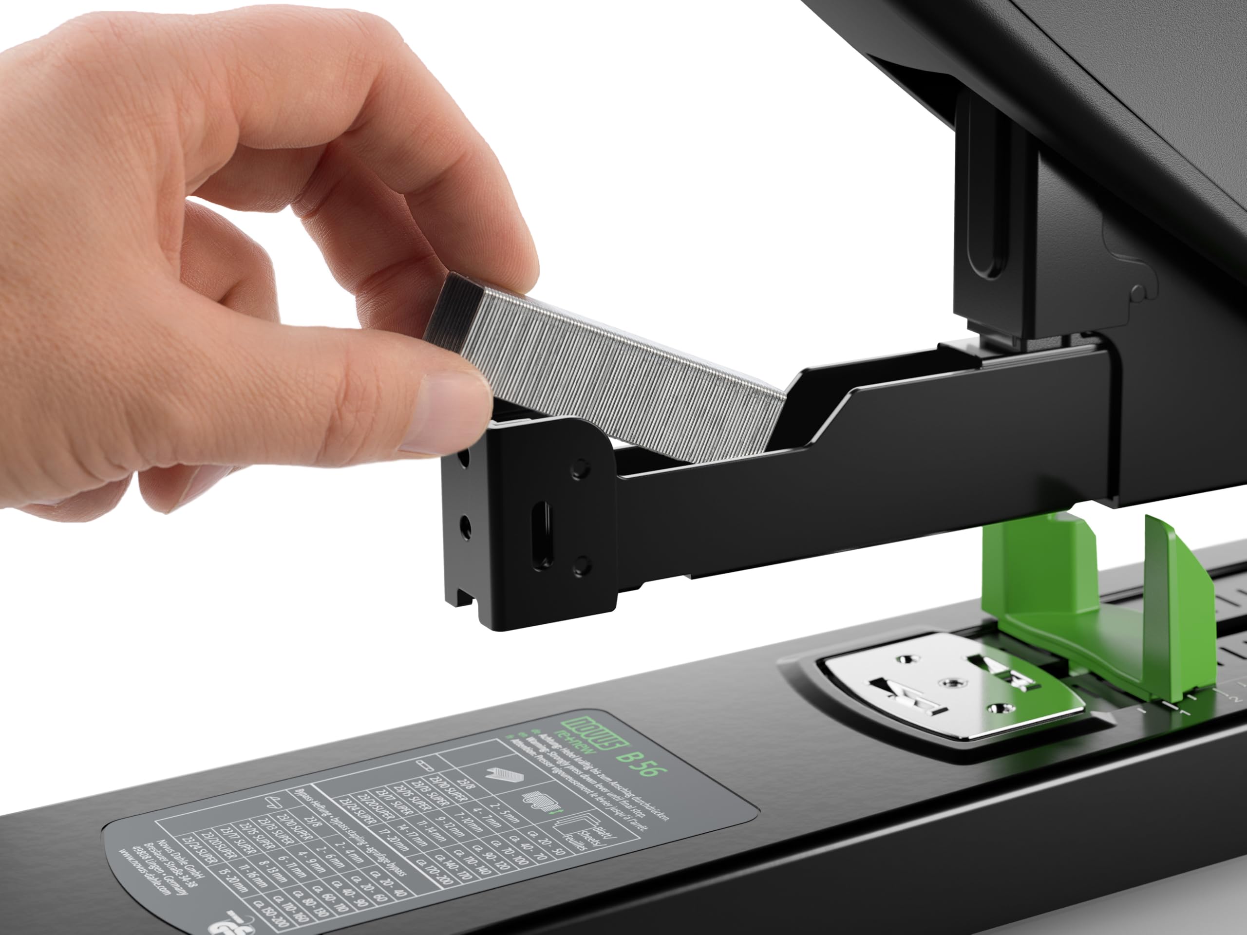 Novus B 56 re+new nachhaltiges Blockheftgerät (Heftleistung 200 Blatt, variabler Einlegetiefe bis 75 mm, Vollmetallgerät mit Kunststoffummantelung aus 82% recyceltem Kunststoff) schwarz grün